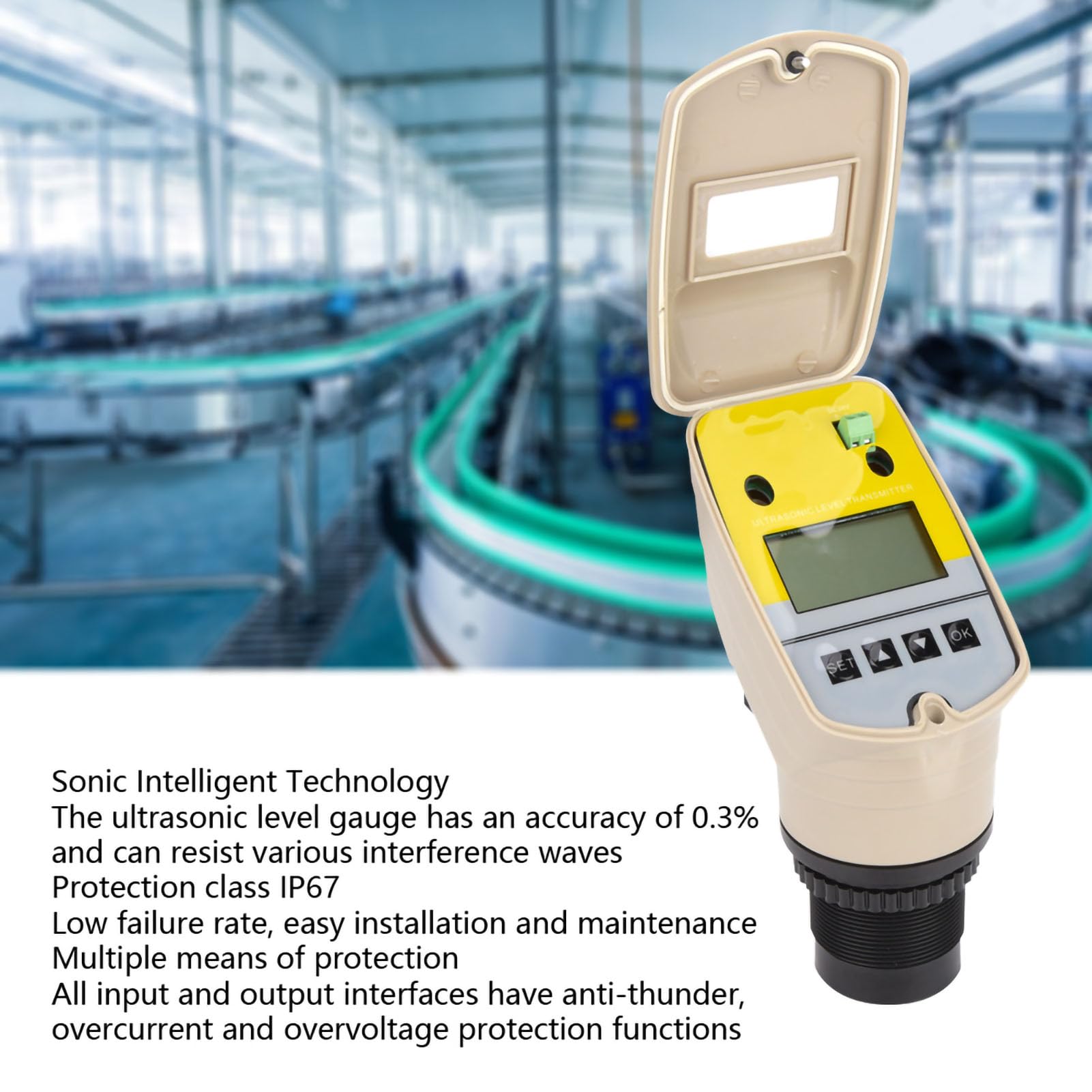 ALT - 666 DC24V Misuratore di livello ad ultrasuoni con display digitale, sensore di livello d’acqua ad ultrasuoni con LCD, trasmettitore di livello impermeabile IP67 per serbatoi (0-15 metri)