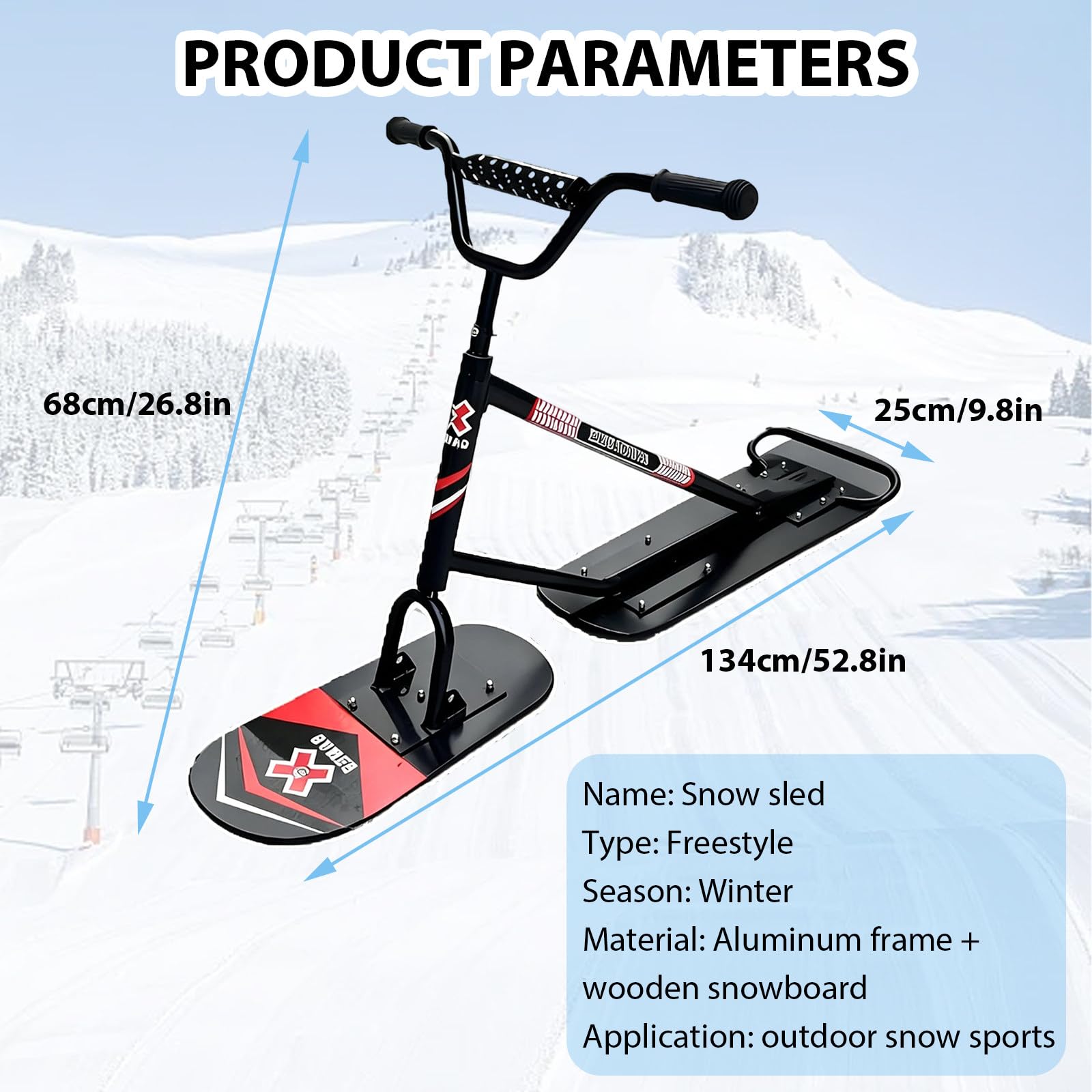 Schneemobil/Skier 2026, Schneescooter, Leichte Skier Mit 360° Drehbaren Hinterskiern, Verstärktem Aluminiumlegierungsrahmen Und Doppelboard-Design Woodcolor
