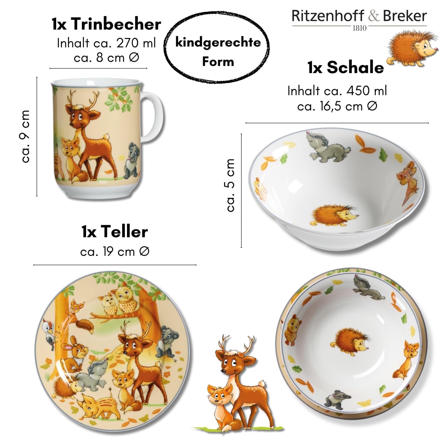 Ritzenhoff & Breker Set di stoviglie per bambini, motivo: animali della foresta, 3 pezzi
