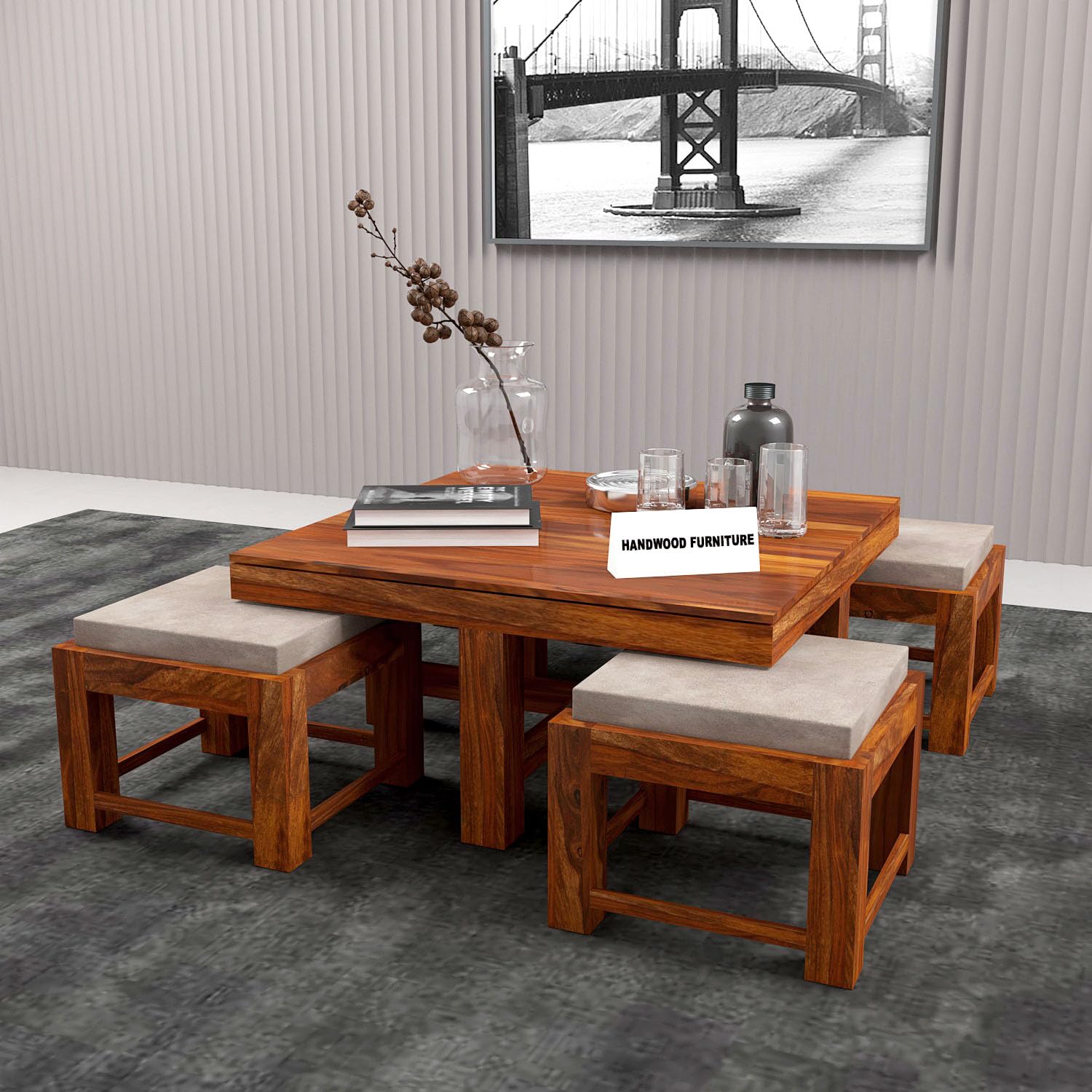 HANDWOOD FURNITURE Premium Sheesham Wood Coffee Table for Living Room | Solid Wood Coffee Table, Center Table, Tea Table | Wooden Coffee Table with 4 Stool | Best Furniture for Home | Honey Finish