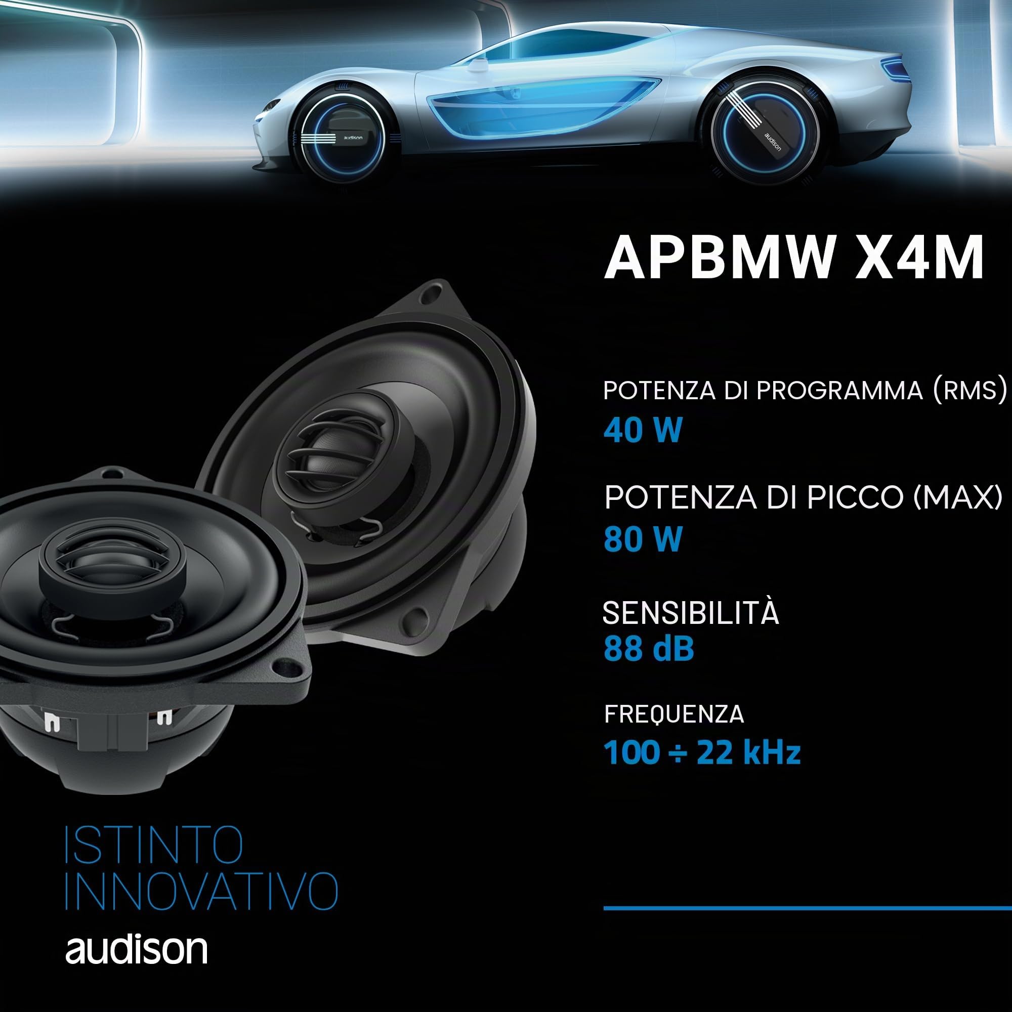 Audison APBMW X4M coppia coassiali 2 vie 100mm, 80W | tweeter 24mm, 4 pollici, 40W RMS, 4 Ohm, 88 dB, 100-22000 Hz, profondità 44,5mm