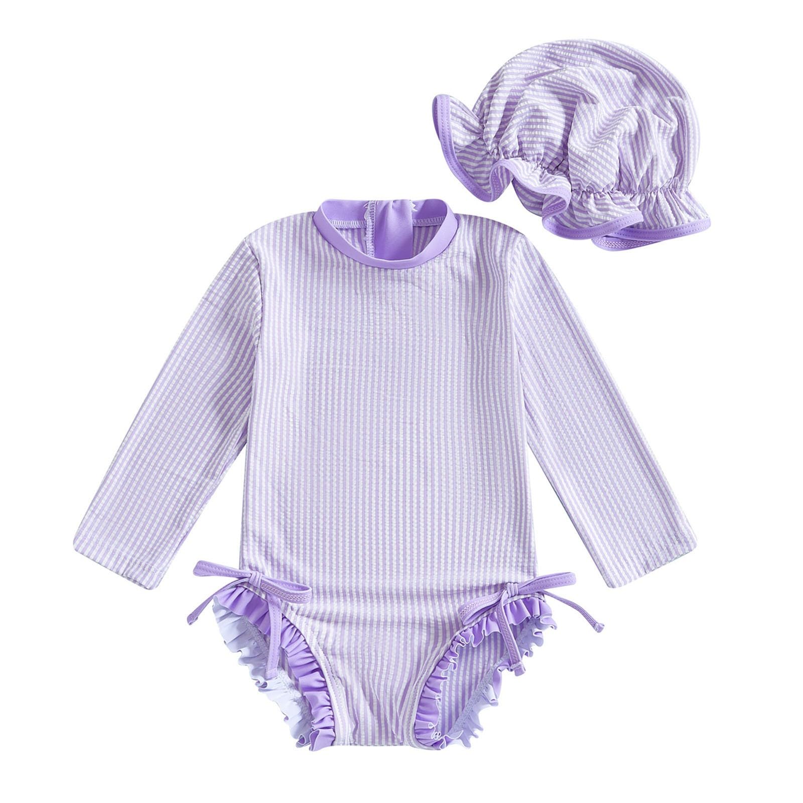 Generisch MäDchen Sunny Bañador de rayas para niñas con lazo, de dos piezas, bonito juego de gorro de baño y gorro de baño para niños pequeños, ideal para la playa de verano
