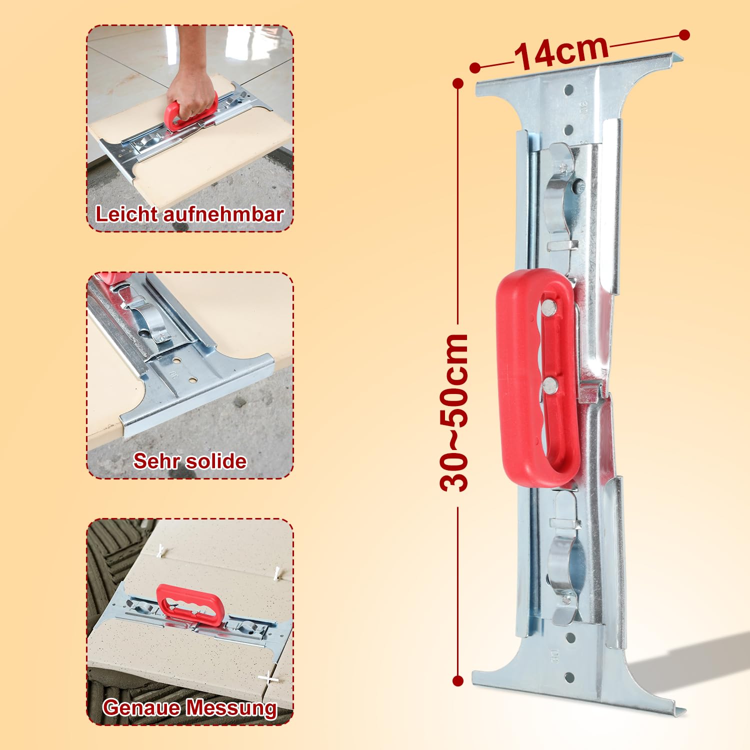 Lève-plaque avec réglage de la hauteur sur 6 niveaux pour plaques jusqu'à 50 kg, idéal pour les applications de levage de pierre, 30 à 50 cm, avec niveau à bulle intégré pour des ajustements précis