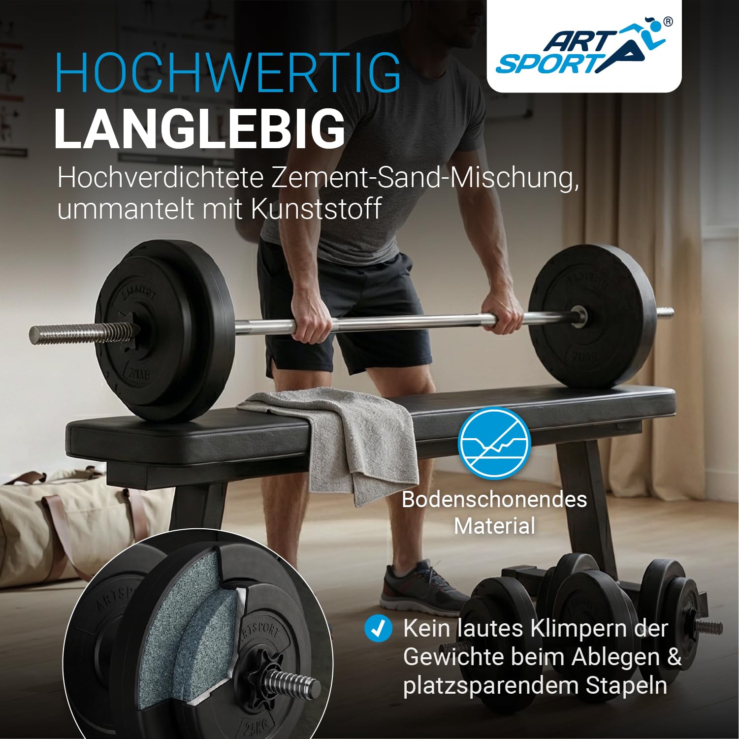 ArtSport® 3in1 Hantelset mit 2 Kurzhanteln, 1 Langhantel & 1 SZ Curlhantel - 12 Gewichte mit 60kg und Sternverschlüssen - Hantel Set Krafttraining