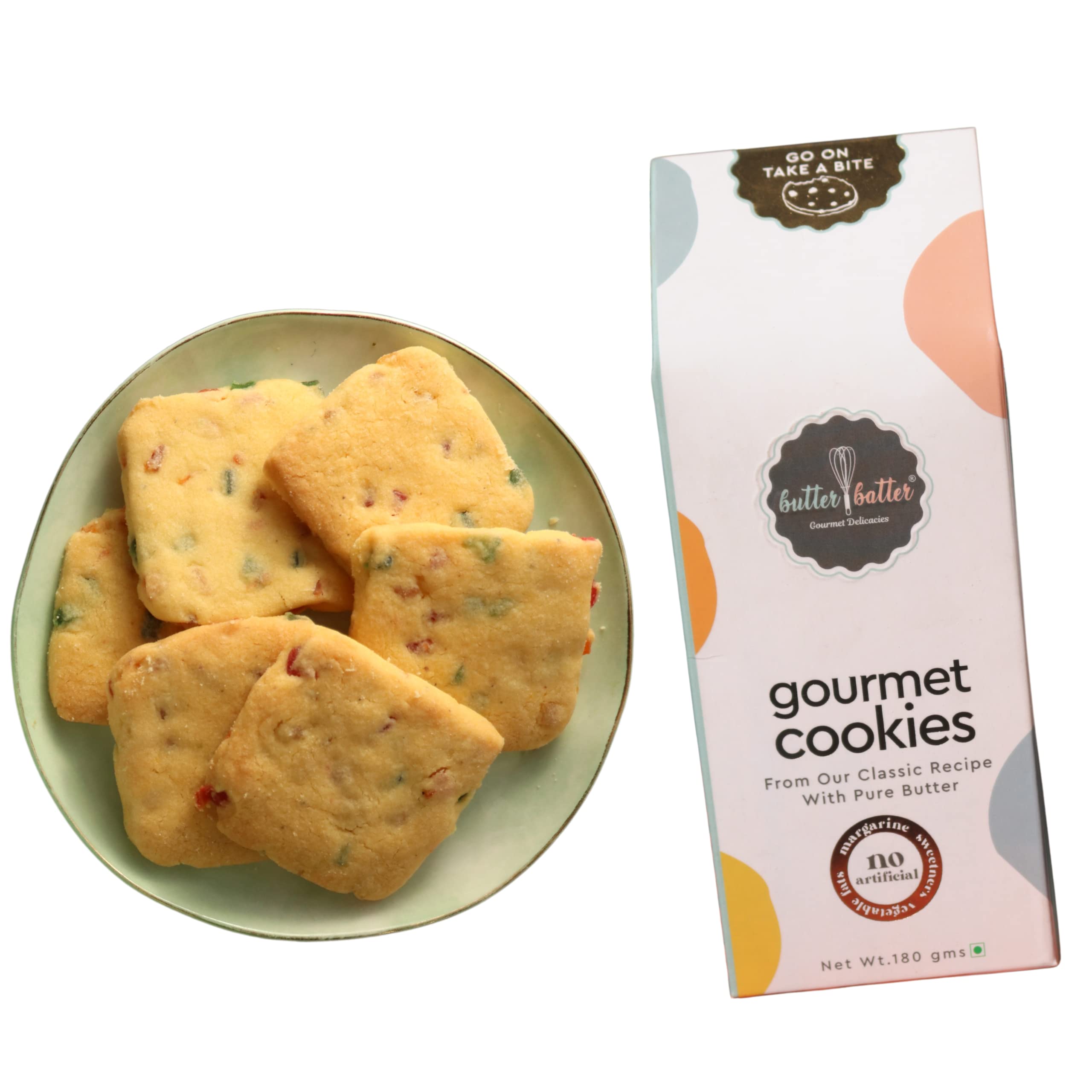 Butter Batter Gourmet Premium Cookies with Tutti Frutti flavour | 100% Eggless, Pure Butter, No Margarine and No Preservatives Biscuits Perfect for snacking dessert or gifting | 180g Pack of 1