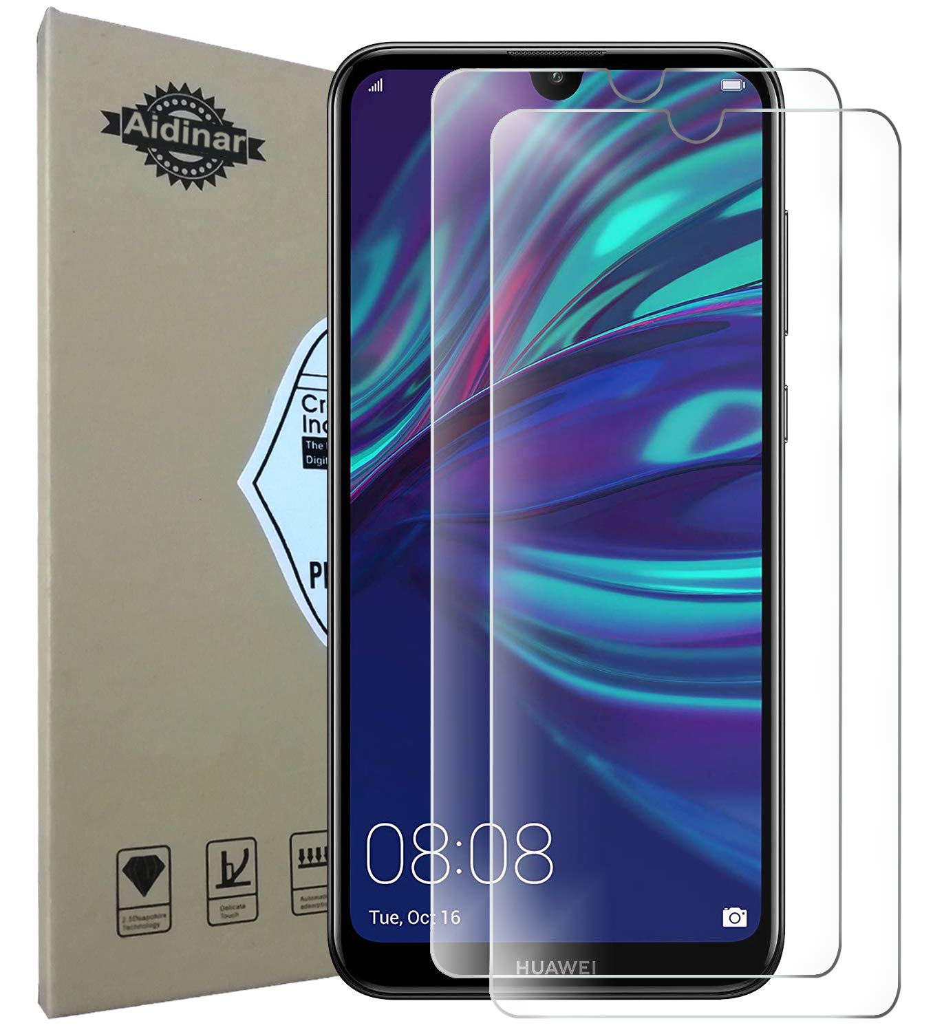 Screen Protector for Huawei Y7 2019 (2 Pack) 9H Hardness, Touch Compatible, Bubble Free, Anti-Fingerprint Bulletproof Screen Protector for Huawei Y7 2019 (Transparent)