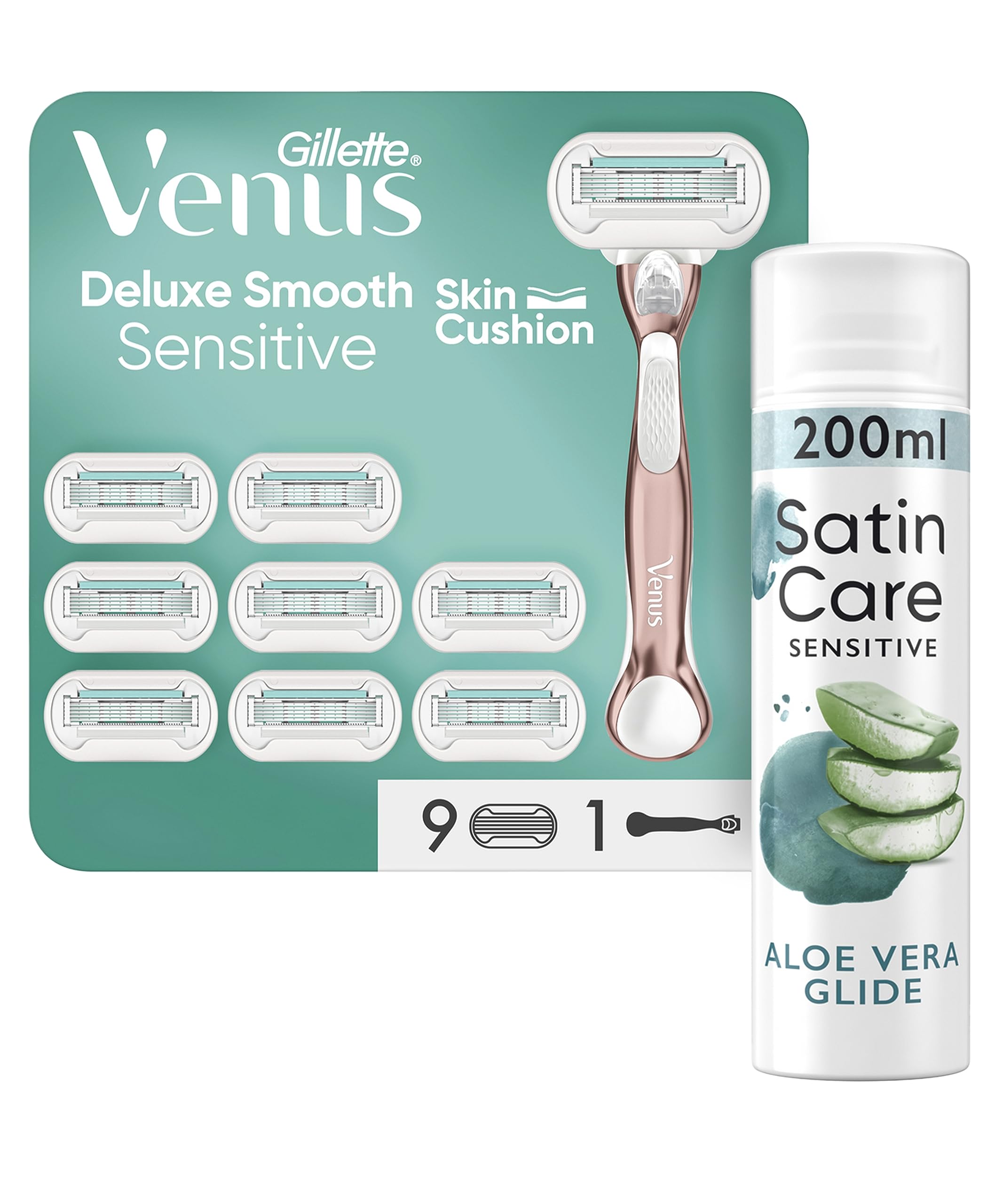 Gillette Satin Care Intimpflege Rasiergel Damen (200 ml), Gel Aloe Vera und Venus Deluxe Smooth Sensitive Rasierer Damen, Damenrasierer + 9 Rasierklingen mit 5-fach Klinge, Geschenk für Frauen