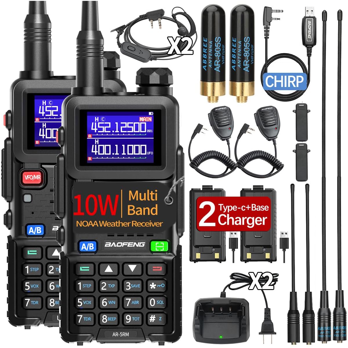 Radio Ham Radio Handheld Long Range Rechargeable Walkie Talkies AR-5RM 10W NOAA Emergency Tactical Two Way Radio with Programming Cable,USB-C Charging for Survival Gear Hunting Camping,2 Pack