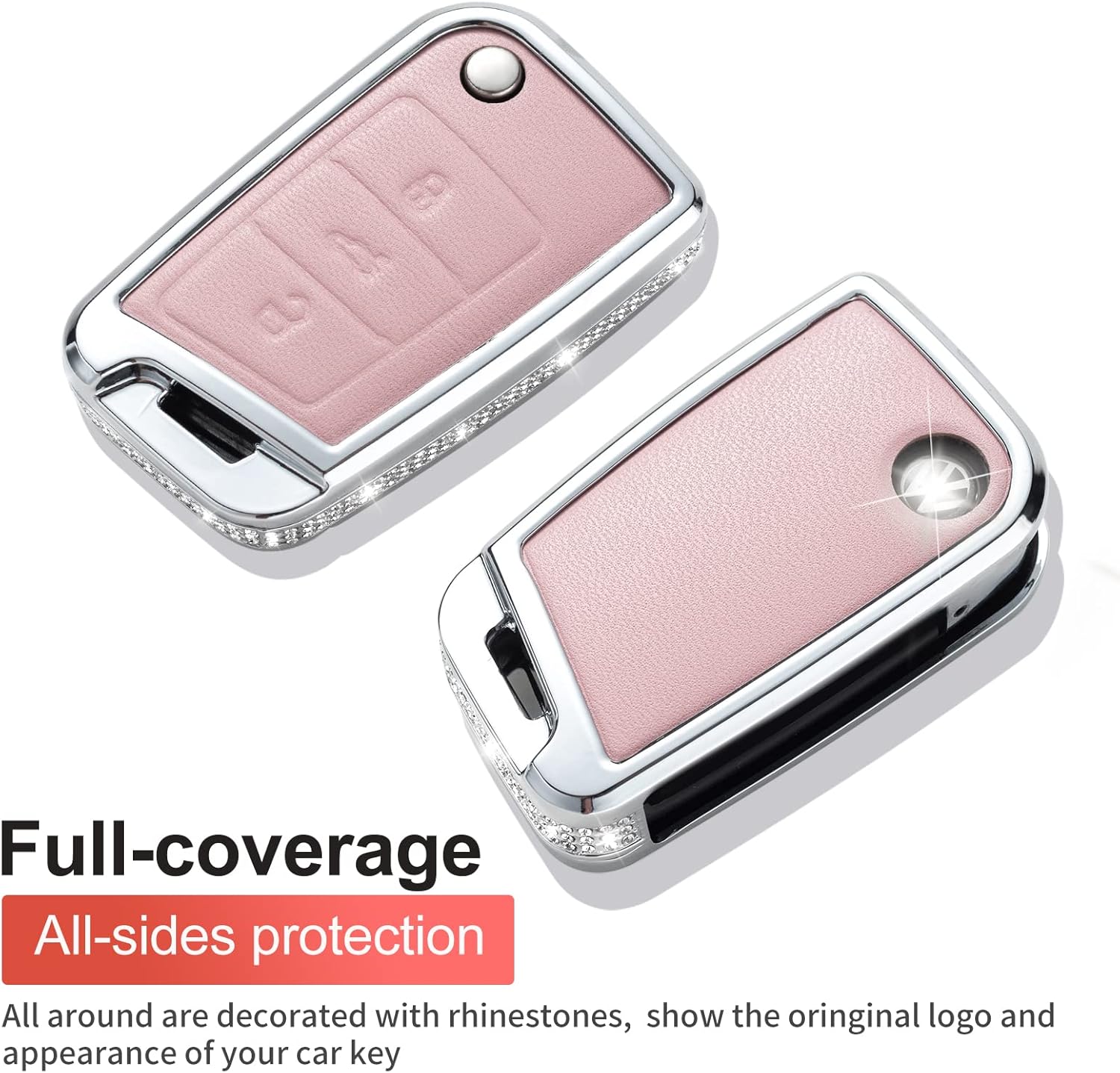 for VW Volkswagen Key Fob Cover with Keychain, Pink Genuine Leather Crystal Key Case Protection Shell