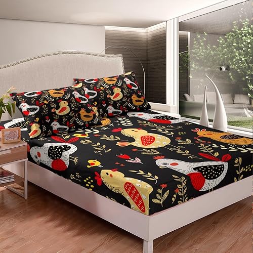 Miniatura 4 de Erosebridal Juego de sábanas tamaño matrimonial de gallo, diseño de animales de granja, estilo rural, rústico, juego de sábanas de pájaros