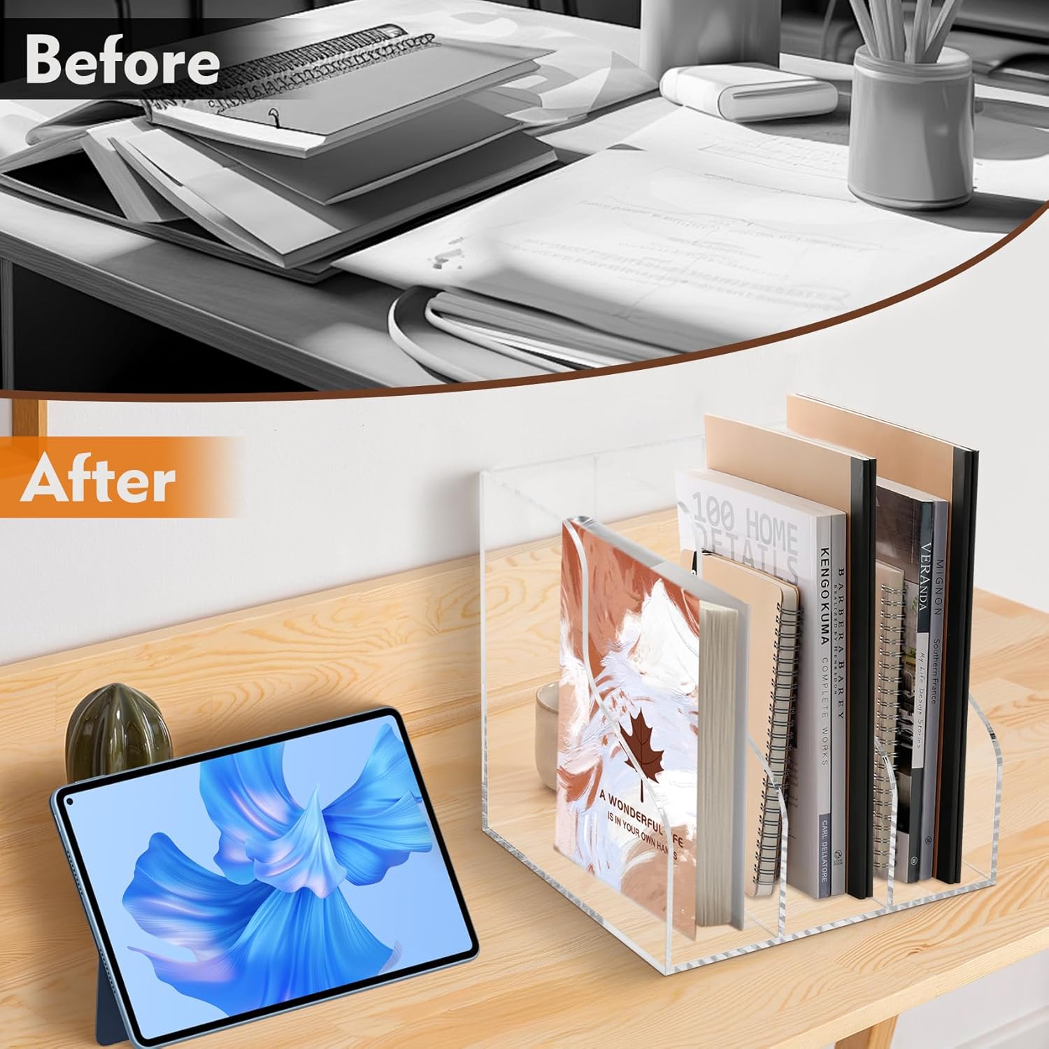 Werhoo Acrylic Desk Organizer,Clear Magazine File Holder with 3 Vertical Compartments, Scratch-Resistant Pads, Book Organizer for Home School Office Desk Accessorie