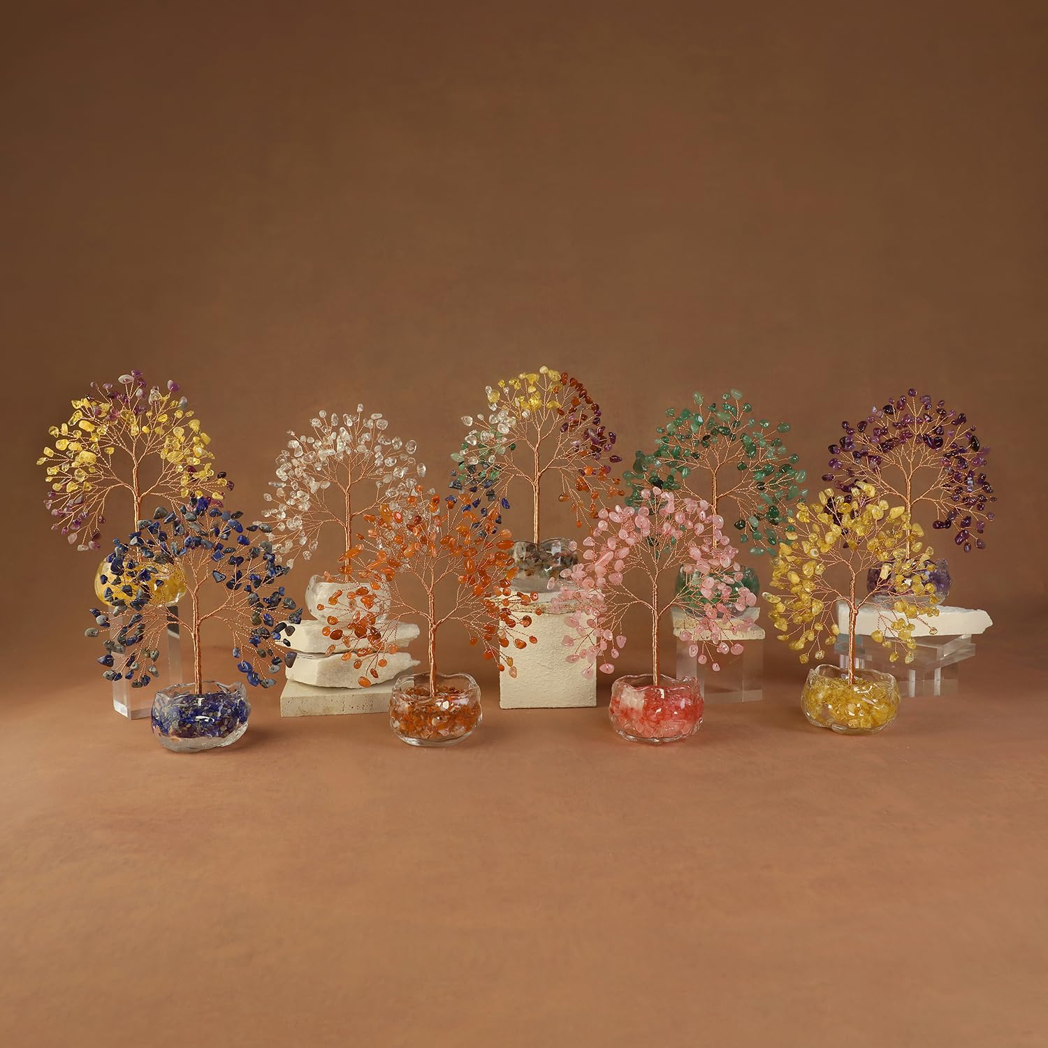 Citrine Arbre en Cristal Naturel Feng Shui Bonsaï Arbre de Vie Pierres de Guérison Reiki Chakra Décoration Maison Bureau Porte Bonheur Cadeau Spirituel Base Verre 17 cm