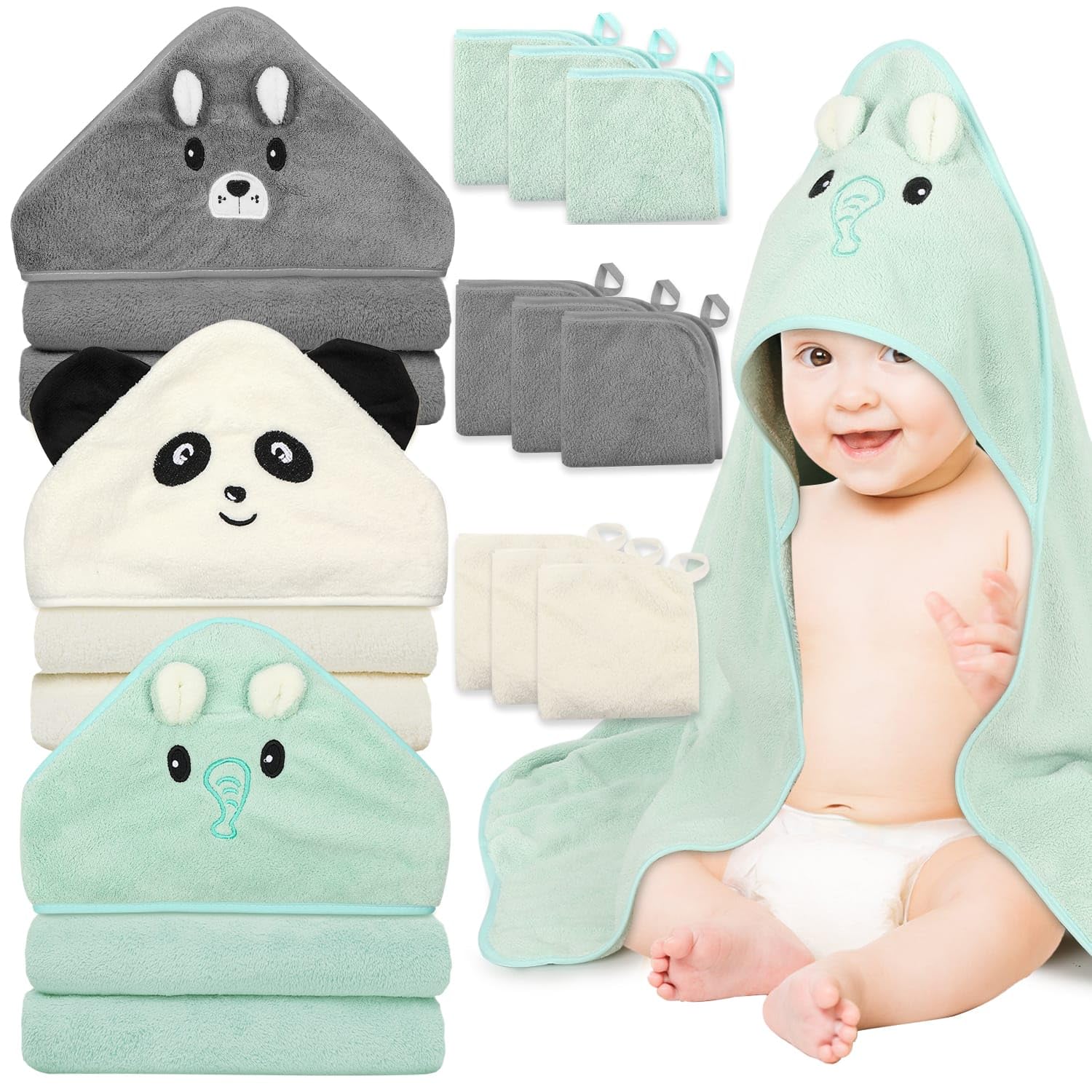 Sublaga - 12 toallas para bebé, 3 toallas suaves con capucha, 9 toallitas, toallas de baño para recién nacidos, bebés y niños pequeños, ultraabsorbentes, lindas toallas de regalo para niños y niñas
