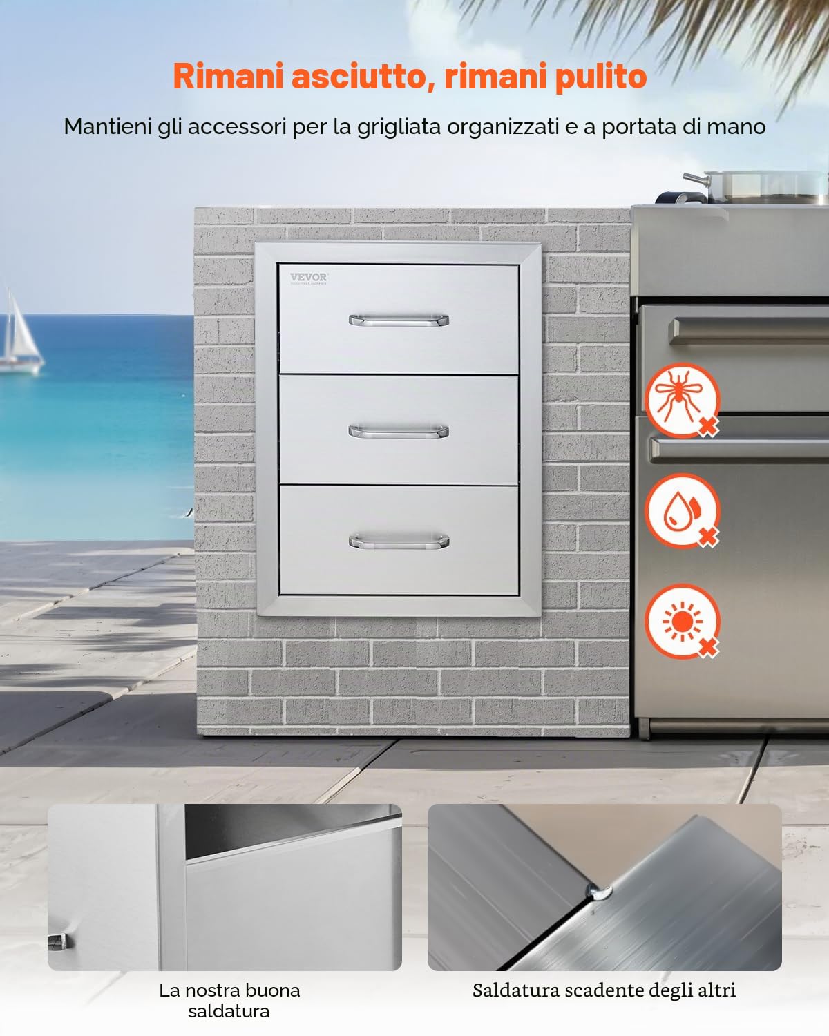 VEVOR Cassettiera Cassetto Tre Piani a Filo, 15,7 x 21,6 x 17,7 pollici Cassetti da Cucina per Esterni d'Argento in Acciaio Inossidabile, Usato nella Cucina all'Aperto, Come Stoviglie, nell'Armadietto
