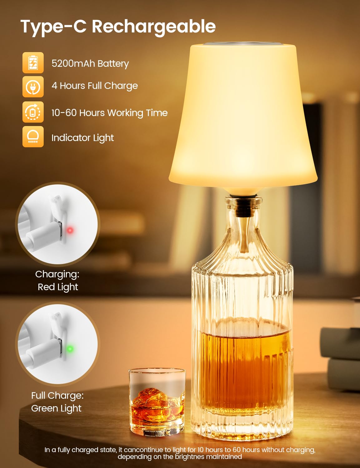 MOORLE Lampe De Bouteille De Vin Sans Fil, Lampe De Table Pour Bouteille De Vin à Intensité