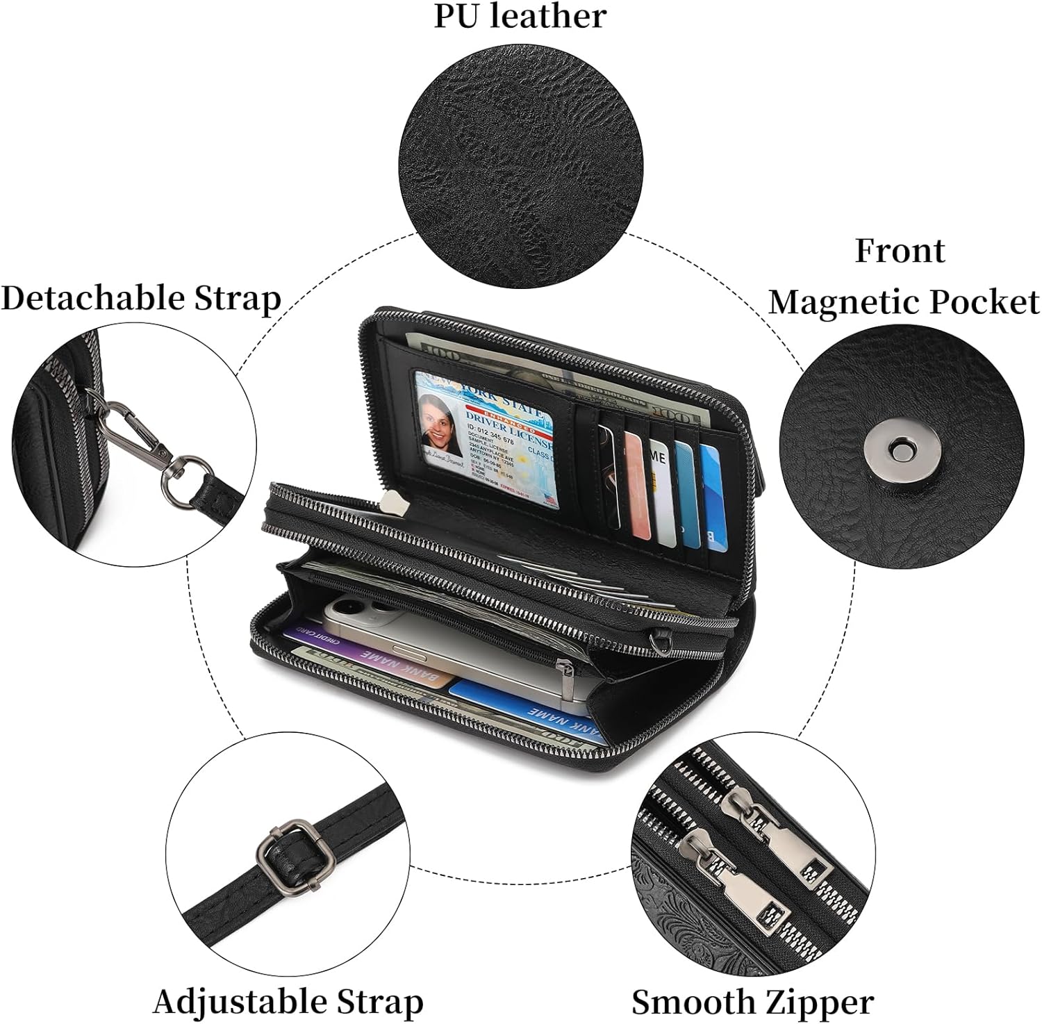 FALAN MULE Crossbody Bags for Women Small Leather Cell Phone Wallet Wristlet Purse with Zip Around 2 Strap - Image 5