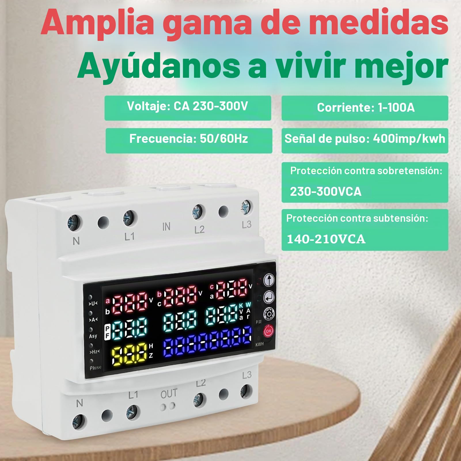 Jadeshay Medidor de Consumo Electrico,100A 230V Medidor de Energía Trifásico Digital Tiempo Real Medición del Consumo de Voltaje Corriente con Protección Contra Sobretensión Subtensión Sobrecorriente