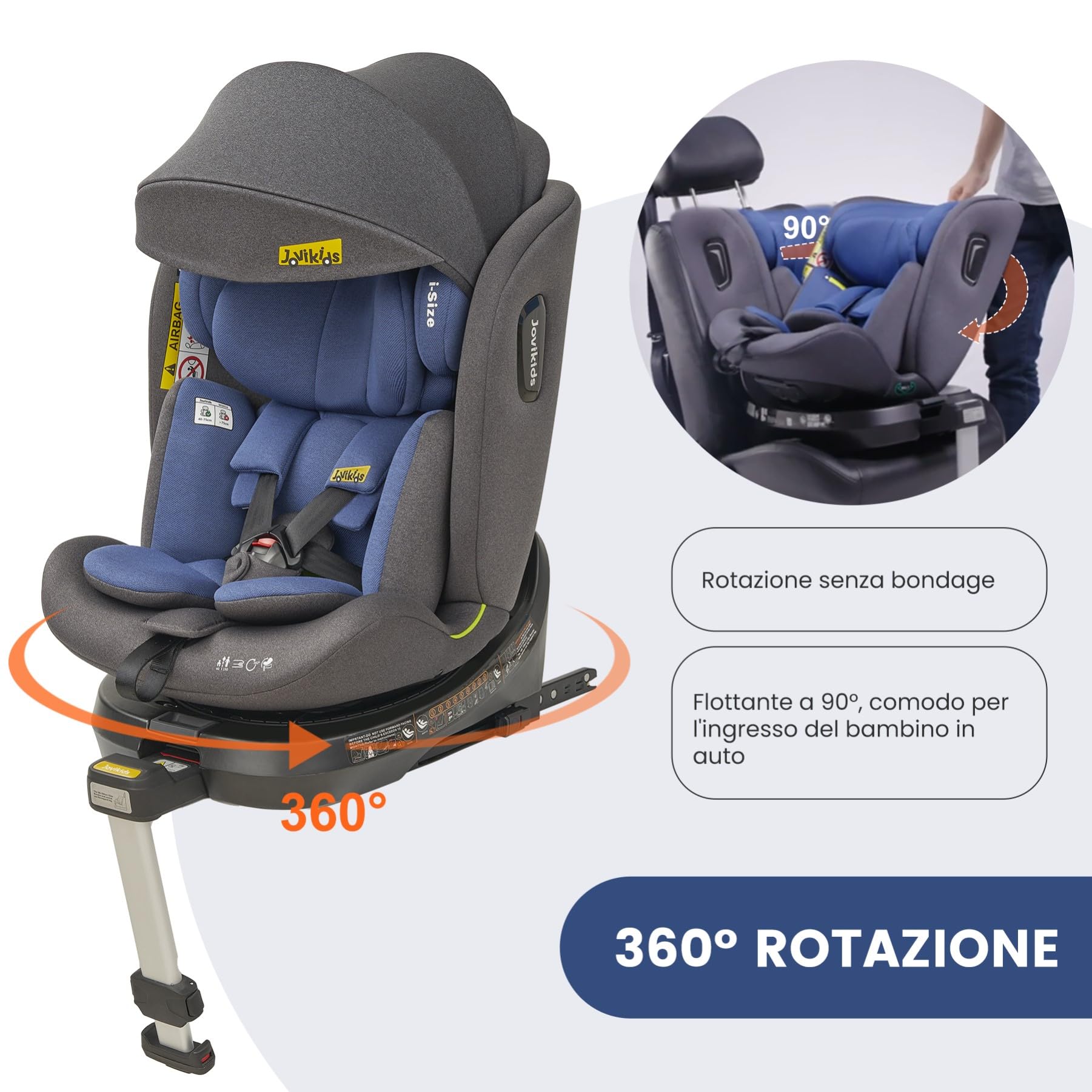 Jovikids i-Size Seggiolino Auto 0-36kg, 360°Girevole Ovetto Neonato Auto con Isofix e Gambe di Supporto 40-150cm dalla Nascita a Circa 12 anni (Blu)