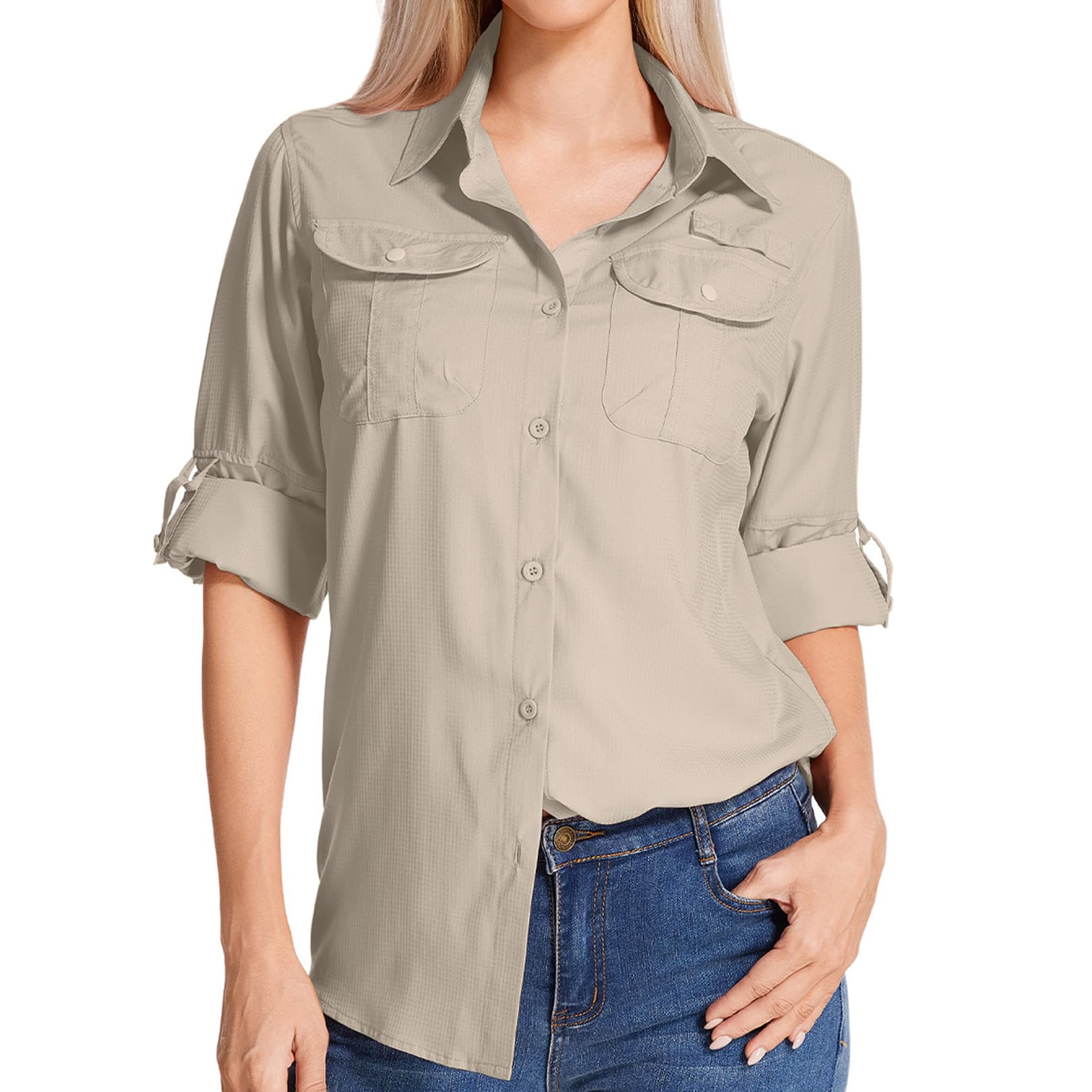 Hemd Damen UPF 50+ UV Schutz Wanderhemd Safari Kleidung Damen Outdoorhemd Schnelltrocknend Langarm Atmungsaktiv Funktionshemd für Reisen Sport Angeln Golf