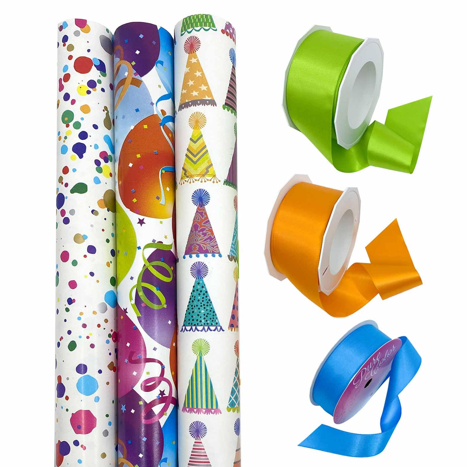 Morex Geschenkpapier-Set – enthält 3 Rollen Geschenkpapier 76,2 x 152,4 cm und 3 Rollen doppelseitiges Satinband