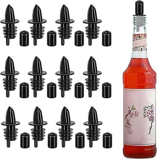 12 PCS Bottle Pourers And 12 PCS rubber pourers dust cap covers Syrup Pourer Pour Spouts Plastic Liquor Bottle Pourers with Rubber Pourers Dust Cap Covers Bottle Pourers (black)