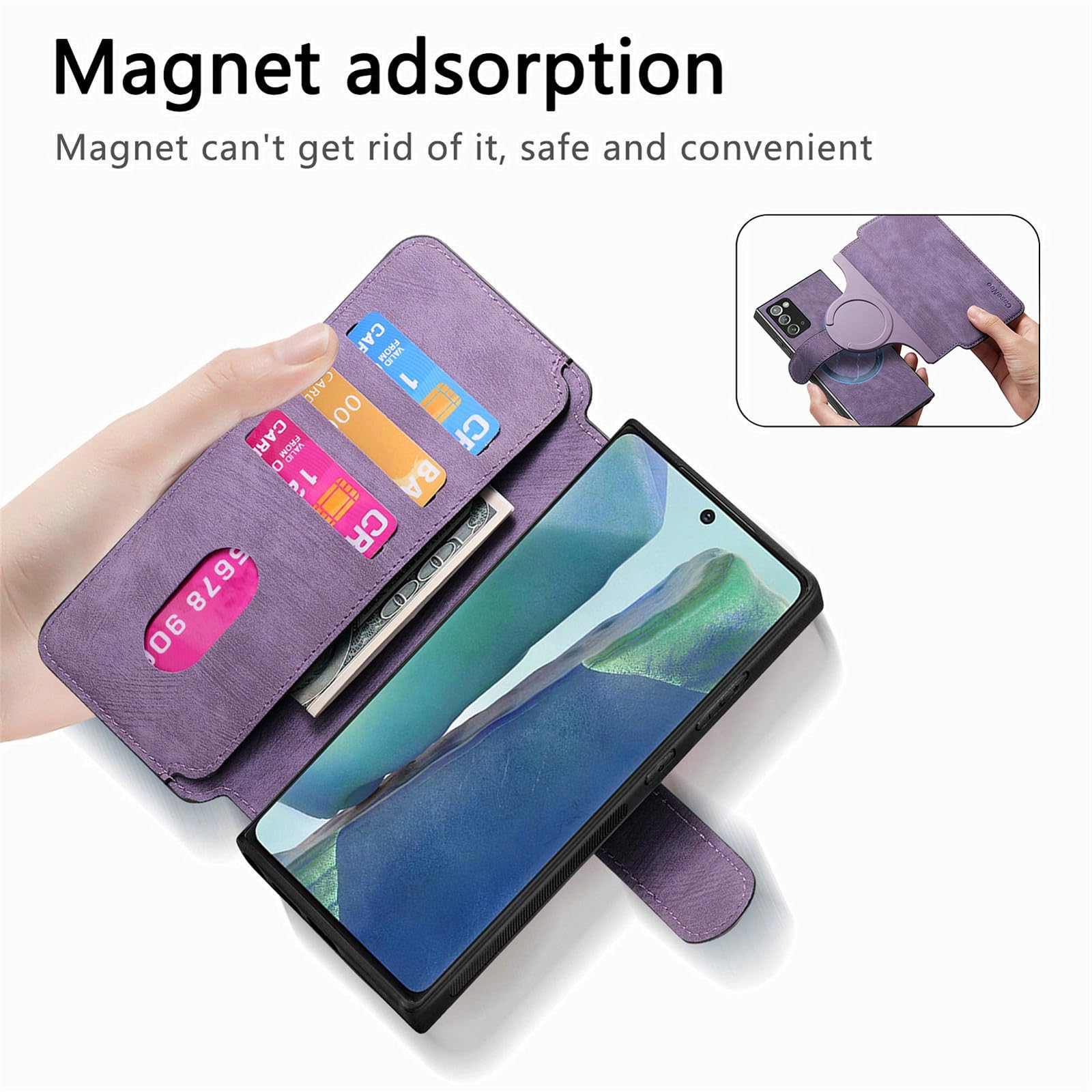 CCSmall for Samsung Galaxy Note 20 Detachable Magnetic Wallet Phone Case for Men Women, RFID Blocking Material Retro Folio Flip Leather Case Cover with Card Slots for Galaxy Note20 4G/ 5G KQX Purple