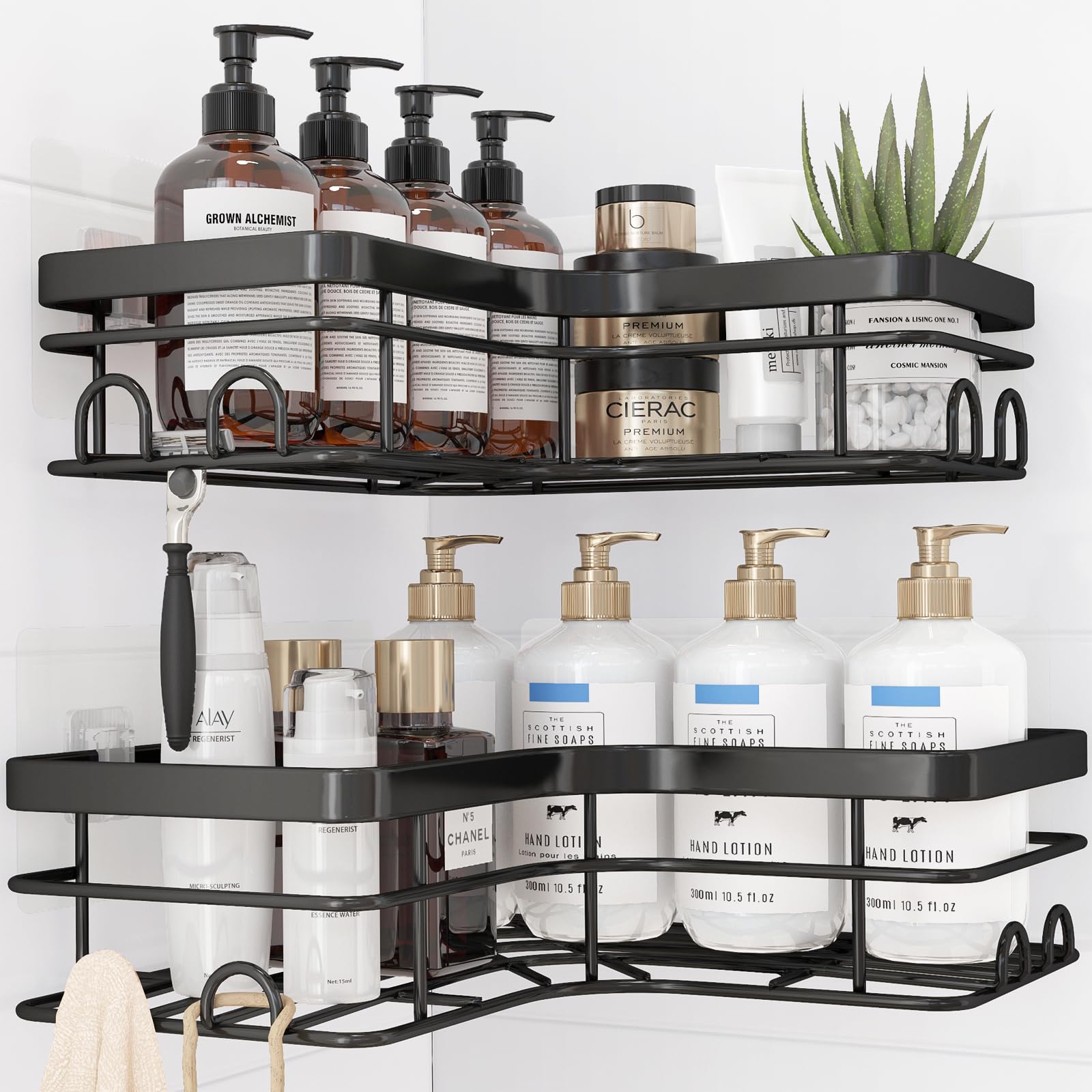 Kitsure Corner Shower Caddy - 2 Pack Rustproof Shower Organizer, Durable Shelf with Large Capacity, Drill-Free Adhesive Bathroom Shelves with 4 Movable Hooks, Large, Black — view 10