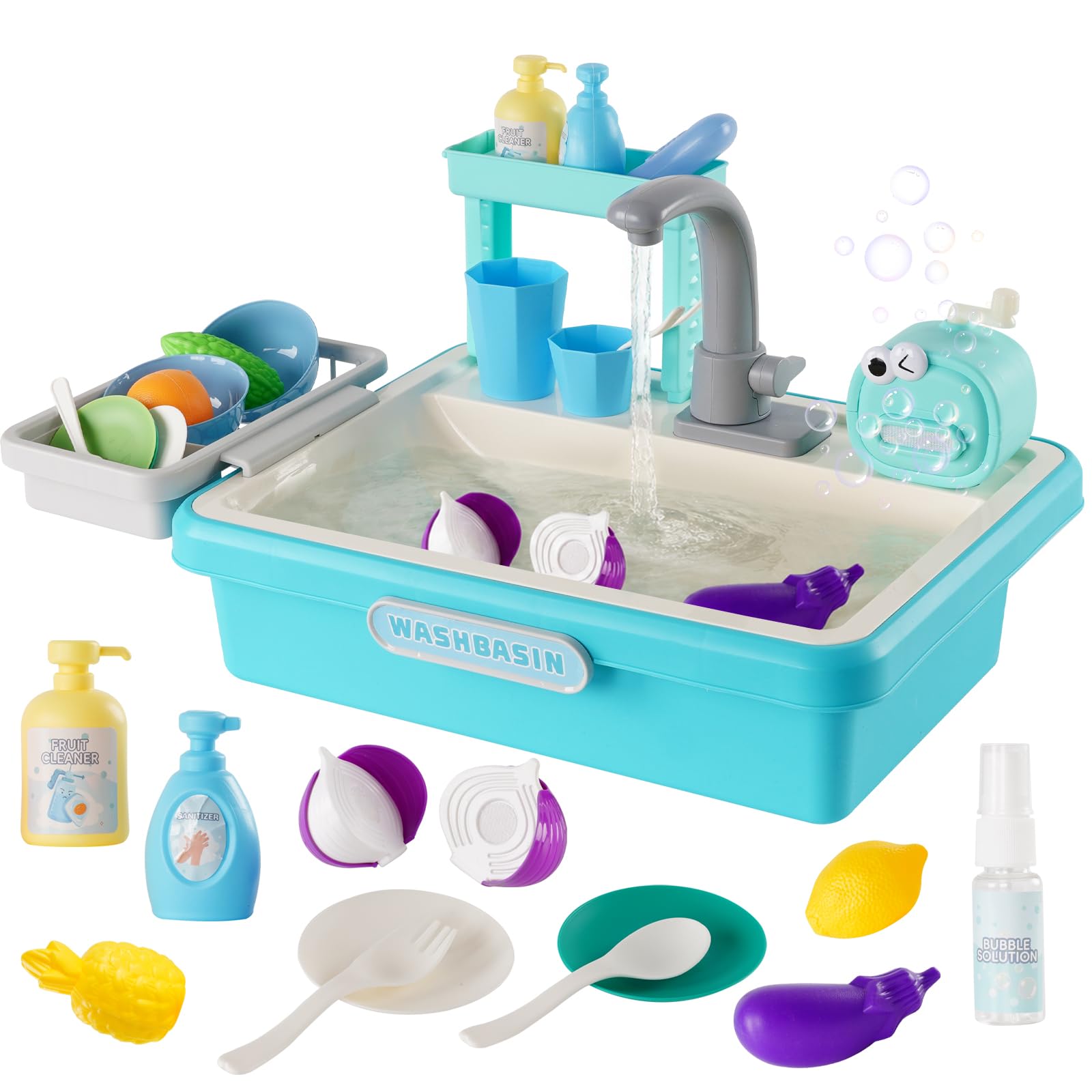 Fregadero Juguete con Agua, cozinha de brincar, máquina de Burbujas, Verduras de plástico extraíbles, Lavabo Infantil de 25 Piezas para niños y niñas (Azul)