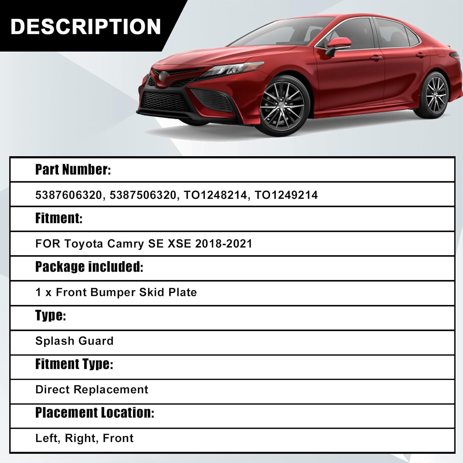 2Pcs Fender Liners Front Driver & Passenger Side Compatible with Toyota Camry SE XSE 2018-2021 Replace# 5387606320, 5387506320