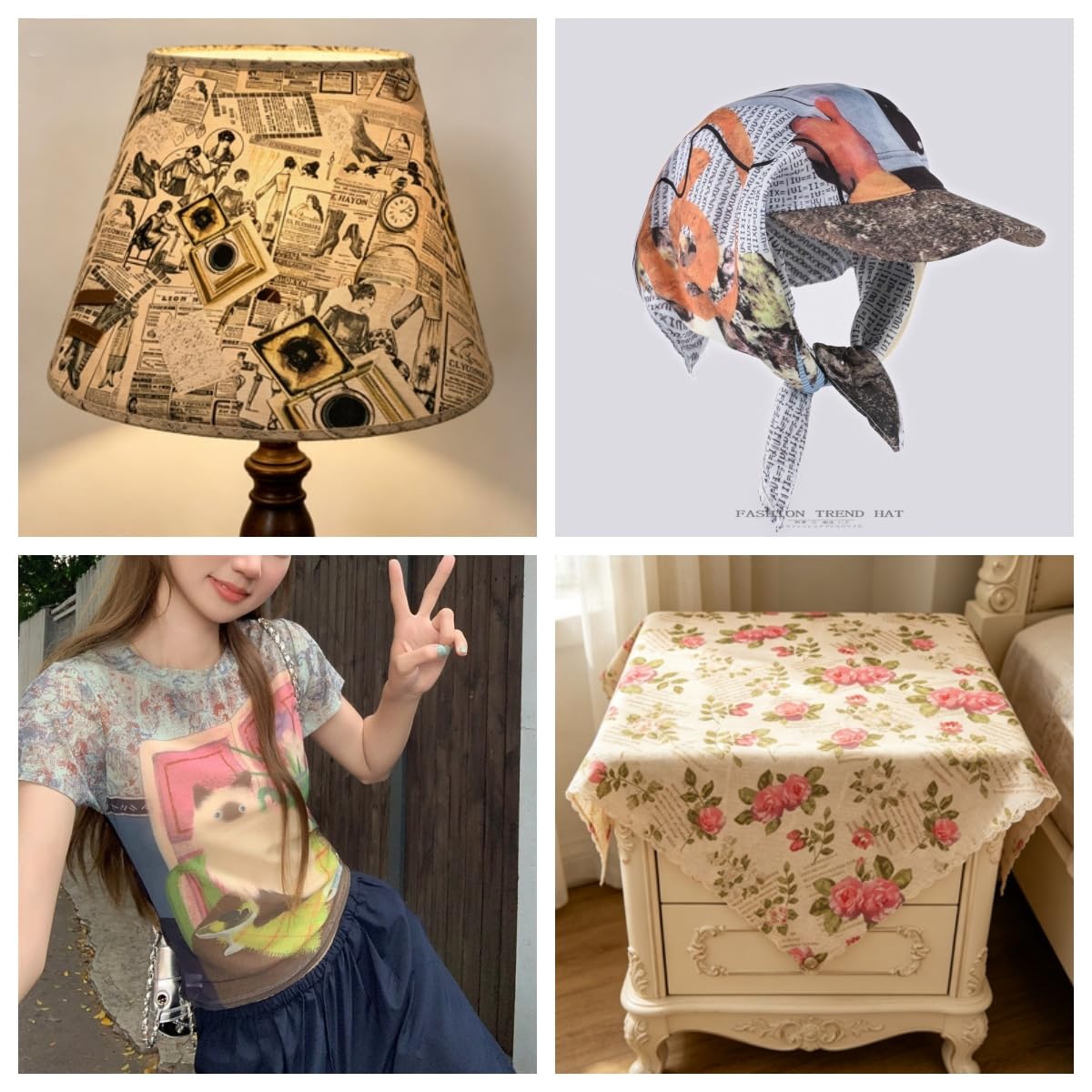Tkanina w stylu vintage, kwiatowa, z nadrukiem, na metry, z nadrukiem, dekoracyjna, styl gazety, materiał do szycia, retro, kwiaty, róże, materiał z nadrukiem kwiatowym, do samodzielnego