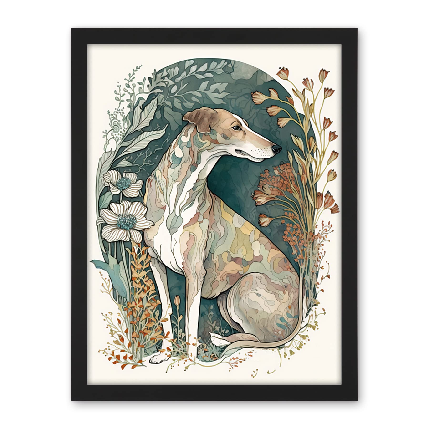 Artery8 Greyhound Dog in Flower Field Modern Pastel Boho Watercolour Illustration Artwork Framed Wall Art Print 18X24 Inch