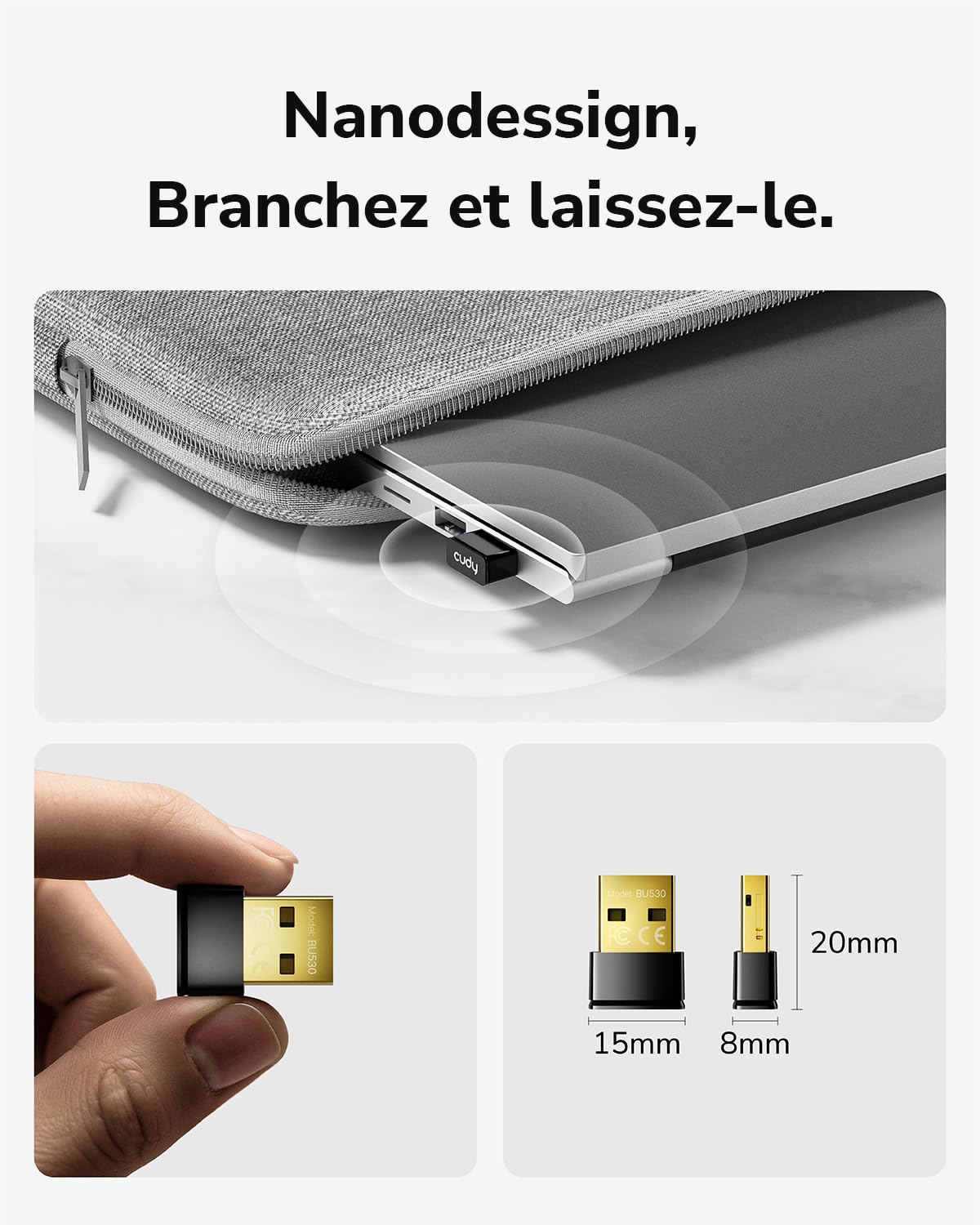 Cudy Adaptateur USB Bluetooth 5.3 Nano Plug and Play pour PC Windows 11/10/8.1/7