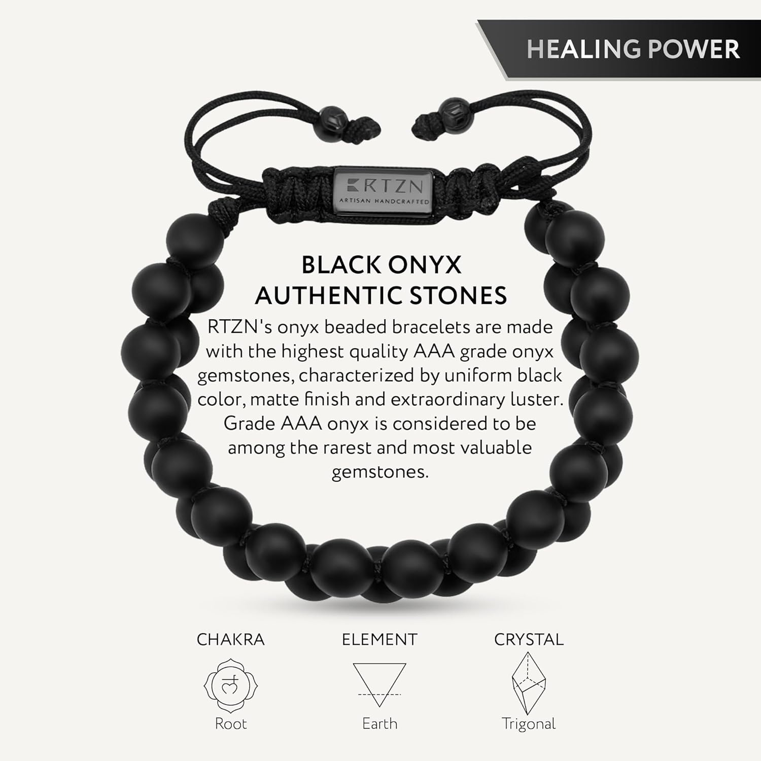 RTZN® Black Onyx Bracelet for Men – Premium Artisan Handcrafted Authentic Matte Black Beaded Bracelet for Men – 8MM Adjustable Mens Beaded Bracelets