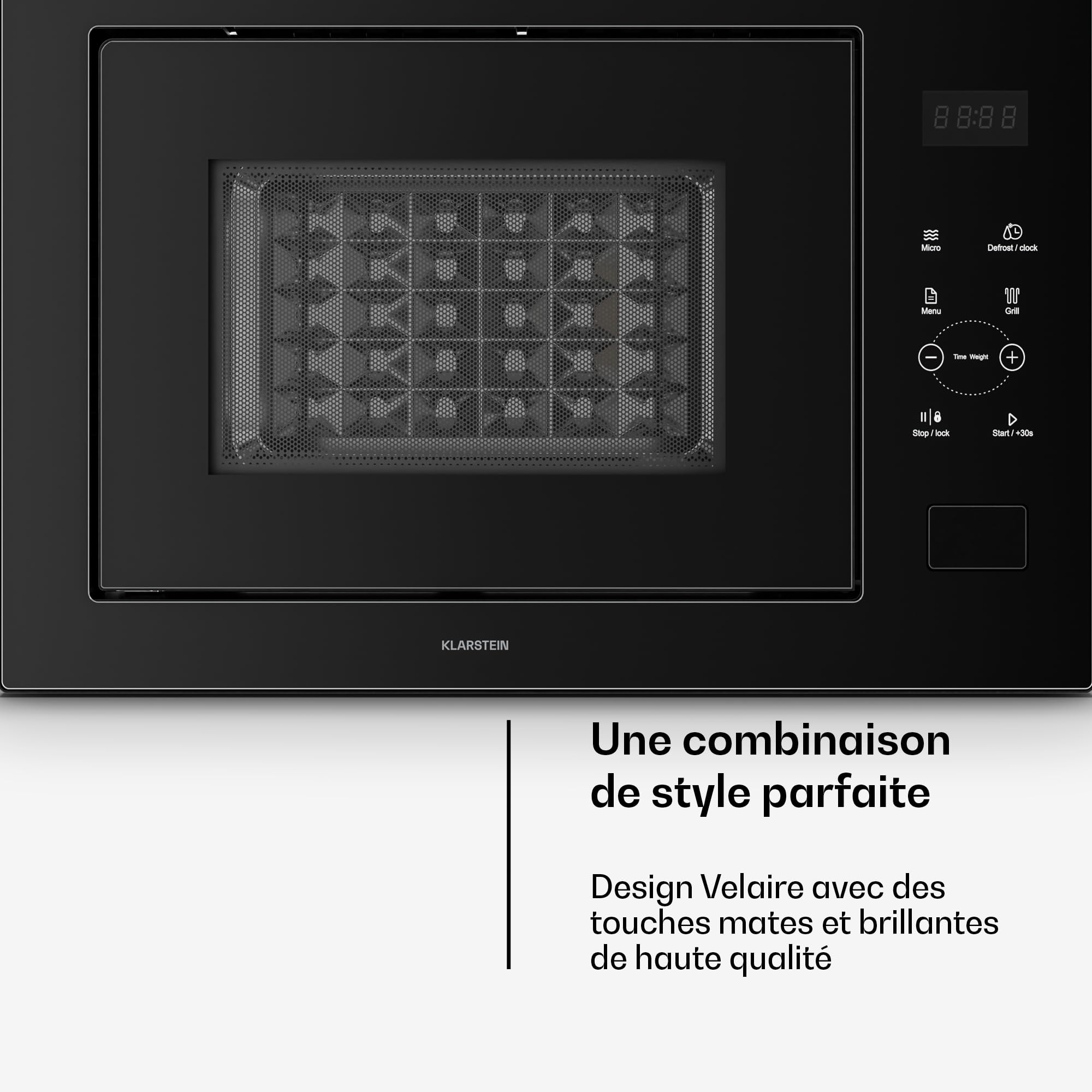 Klarstein Velaire Micro Onde Encastrable 25 Litres avec Grill – 850W, 1200W Grill, 8 Programmes, Commande Tactile, Acier Inox, Plateau 31,5cm – Micro-ondes Encastrable, Noir
