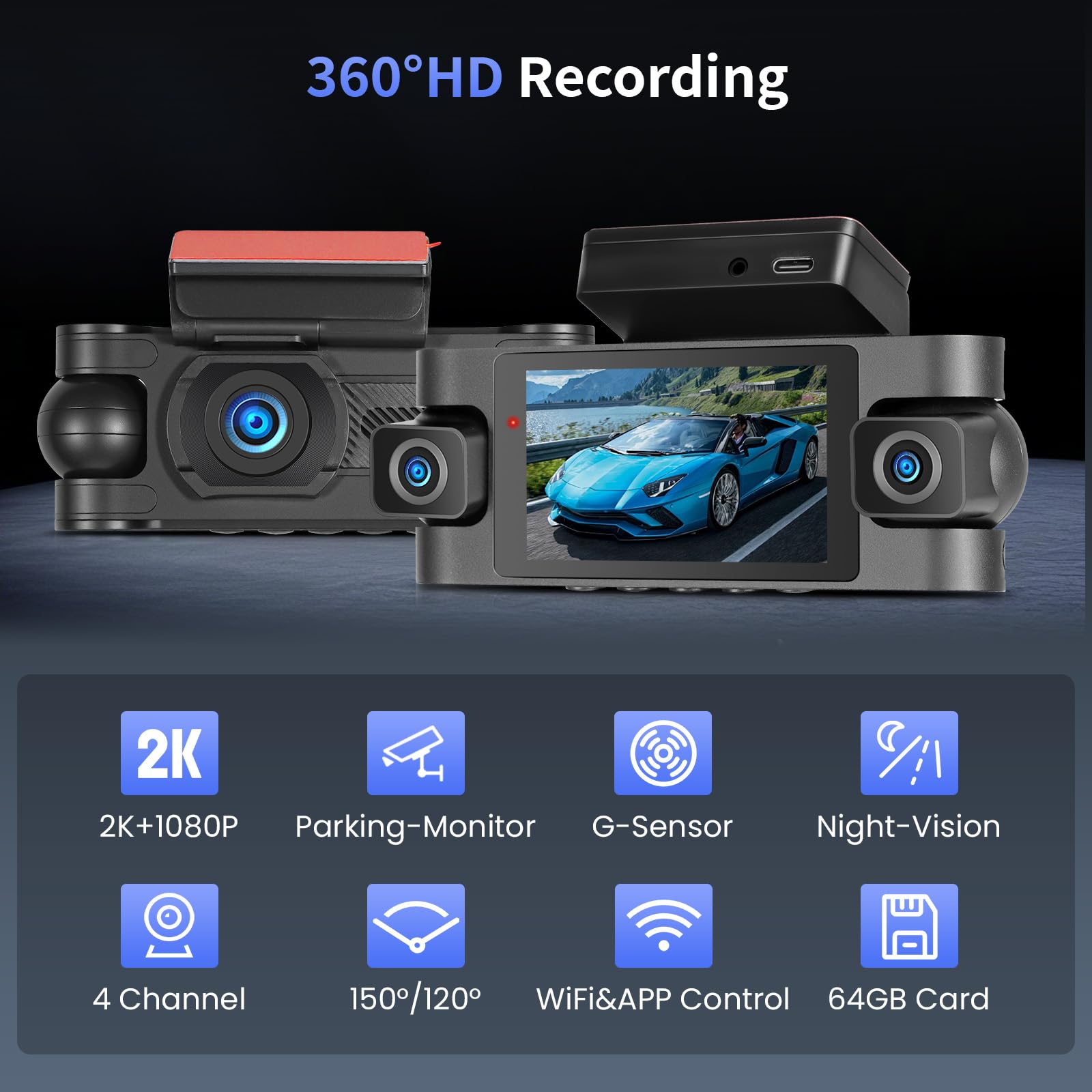 Hikity Dashcam de Bord 4 canaux, Dashcam Voiture de Bord WiFi 2K à l'avant et 1080P à l'arrière à l'intérieur de la Gauche à Droite, Voiture avec Carte de 64G - Wi-FI, Capteur G