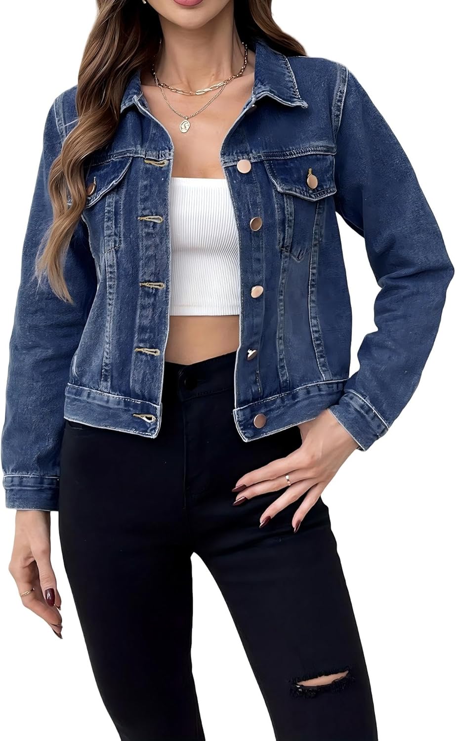 Women's Classic Denim Jacket, Dark Blue Wash, Button Front, Long Sleeve, Cropped Fit