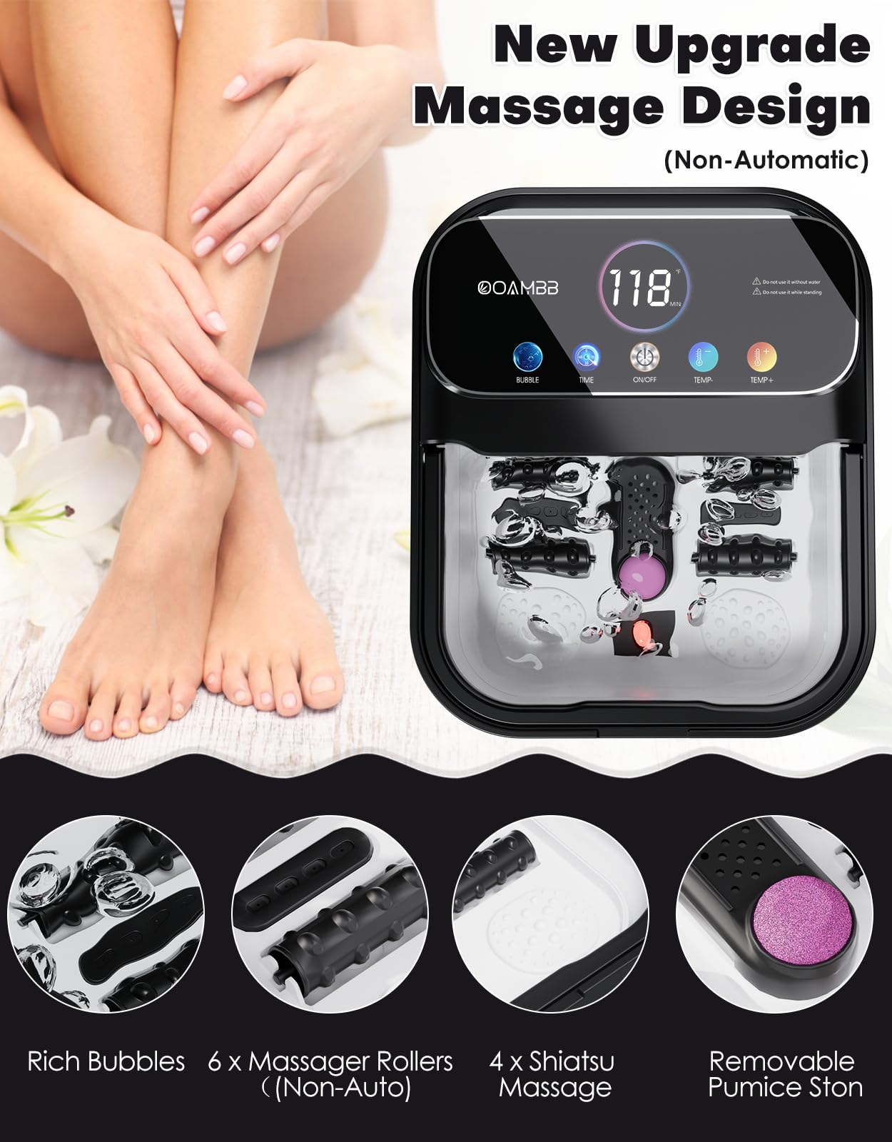 OOAMBB Zusammenklappbare Fuß-Spa-Badewanne mit Fernbedienung, Wärme- und Blasen- und Timer, Schwarz | XL Farb-Touchscreen, 6 nicht motorisierte Rollen, 4 Shiatsu-Massagen, Fuß-Einweichwanne, Pediküre-Fuß-Spa für Stressabbau