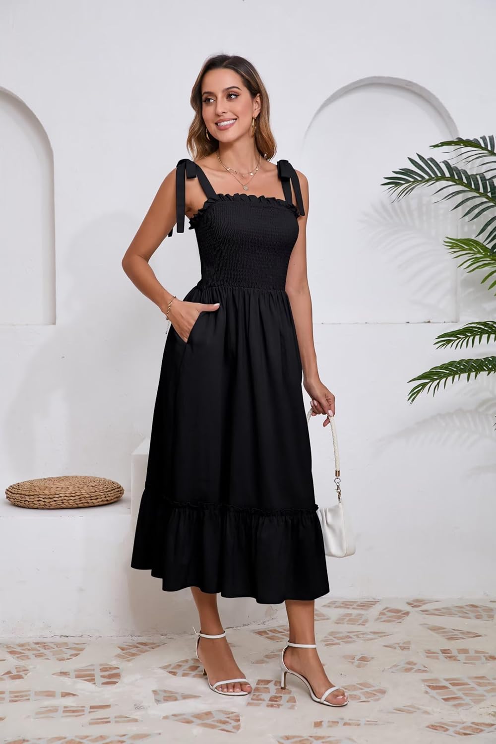 Women Square Neck Ruffle Maxi Dress 2025 Summer Boho Beach Cotton Linen A-Line Spaghetti Strap Long Dress Vacation - Image 4