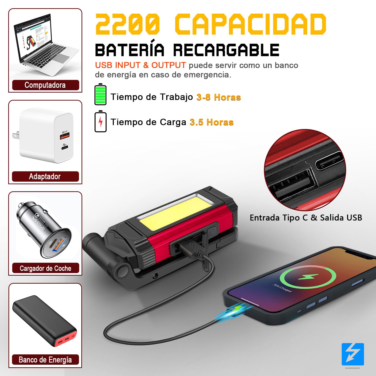 SPORWAY Linterna de Trabajo Led Recargable, Luz Portatil Taller Lampara de Trabajor Banco Energía Linterna Mecanico USB con Base Magnético y Gancho para Hogar, Automóviles, Camping, Emergencia