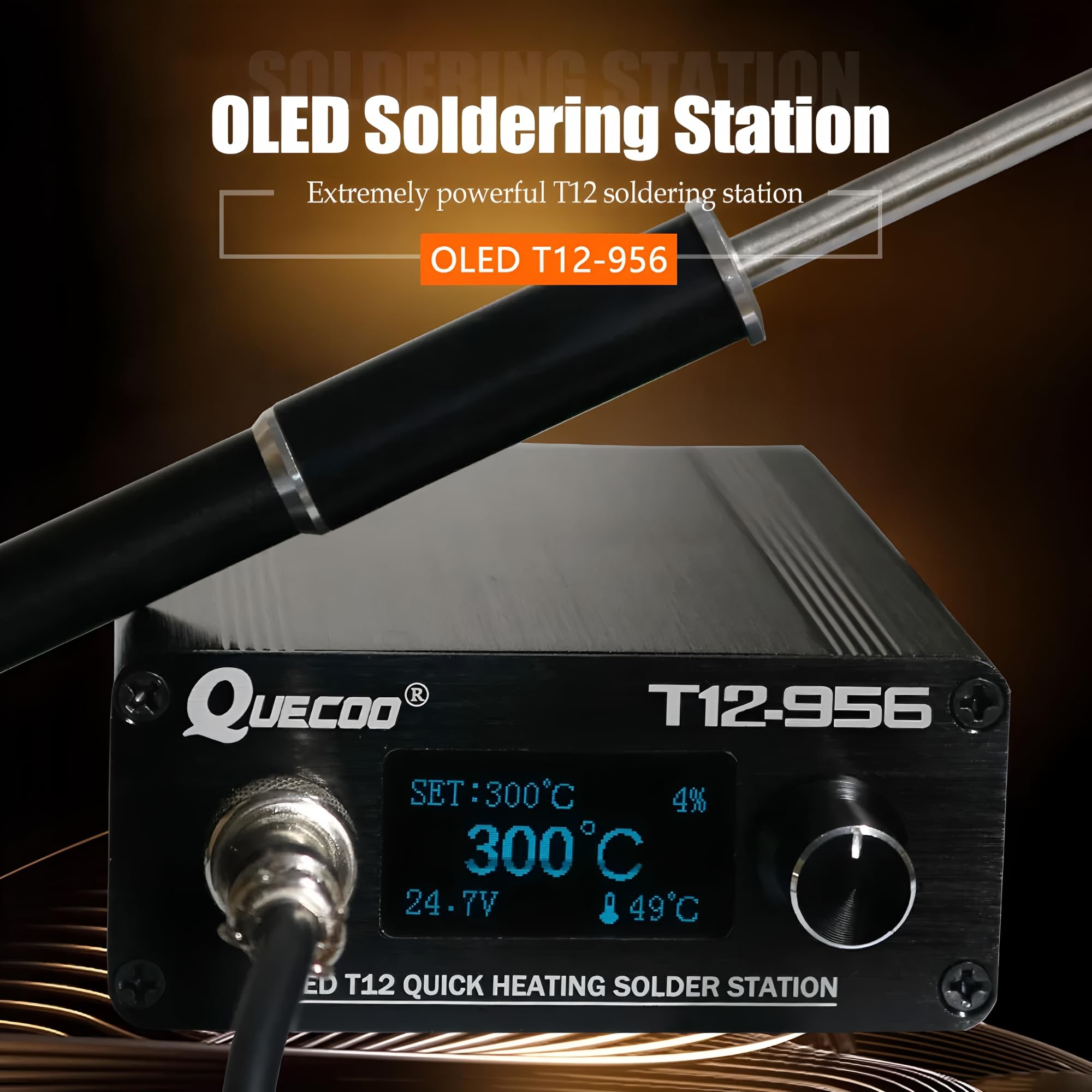 QUECOO T12-956 Löten Digitalstation Elektronischer Lötkolben OLED 1,3 Zoll mit schwarzem M8-Griff und T12 Lötkolbenspitzen (T12-956 Kit IV)