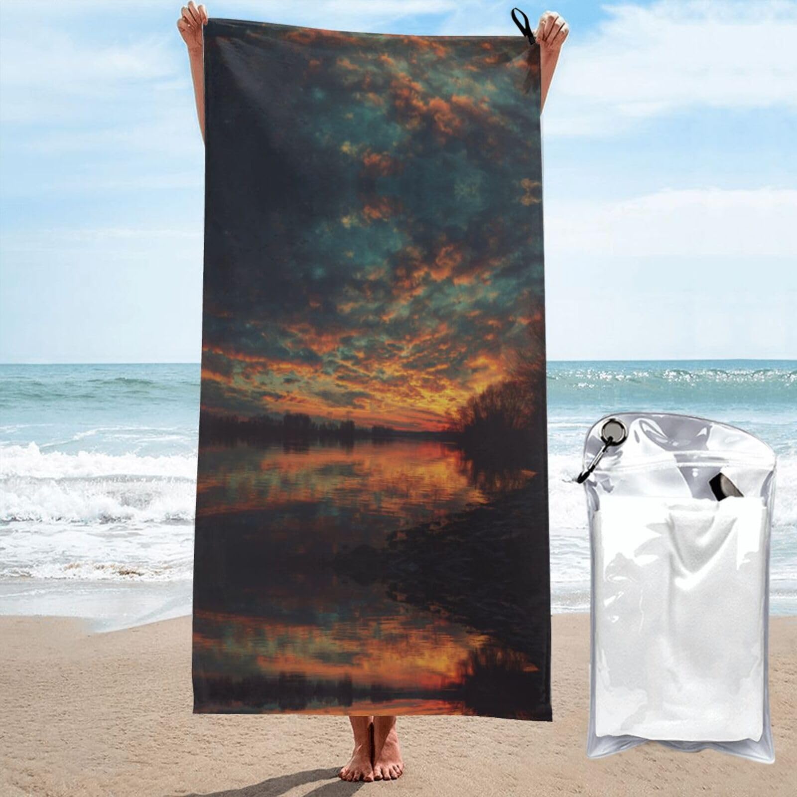 ESNAIUVCD River And The Great Sky Print Beach Towel, Microfibre Sauna Towel, Quick-Drying Fitness Towel, Lightweight And Thin Portable Sauna Towel