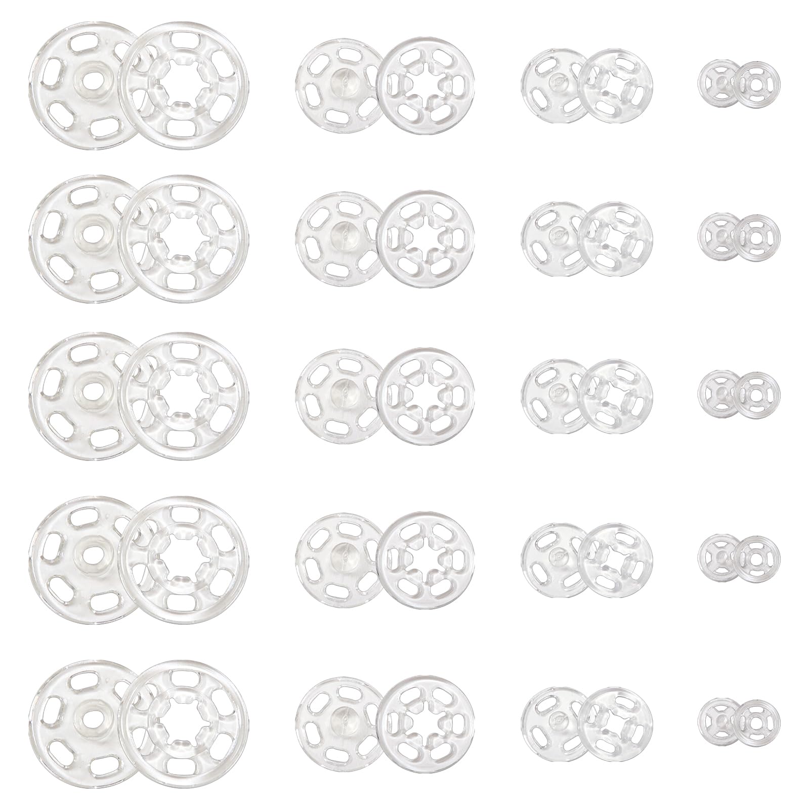 TOAOB 120 Sets Plastic Snaps Invisible Sewing on Snap Buttons Fasteners 7mm 12mm 15mm 21mm Round Clear Sew on Button for Shirts Clothing DIY Supplies