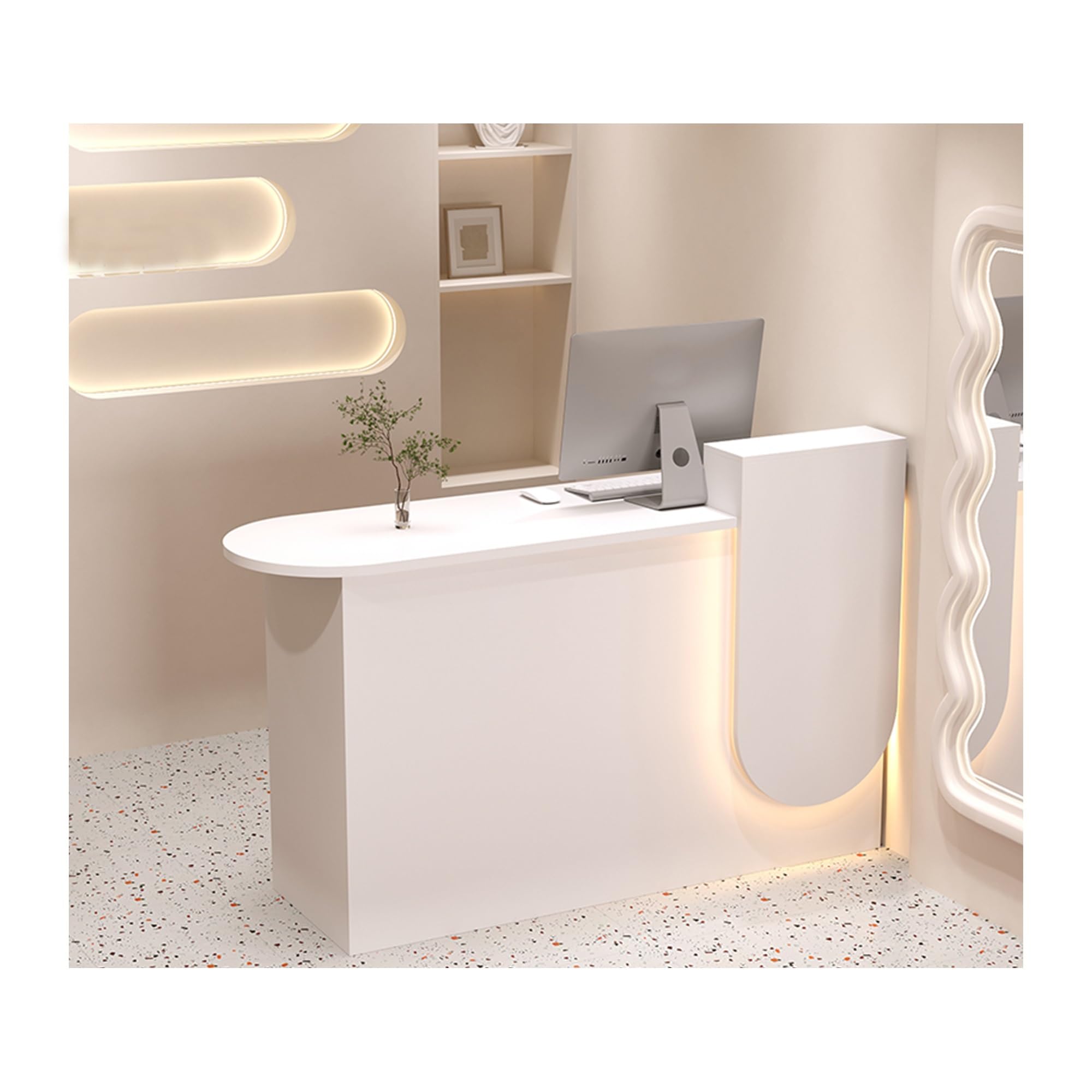 Petit comptoir de réception avec comptoir, comptoir de réception de réception, casiers et étagères de rangement modernes équipés de tables avant, comptoir de caisse avec lumières LED, salons(Wit,100*5