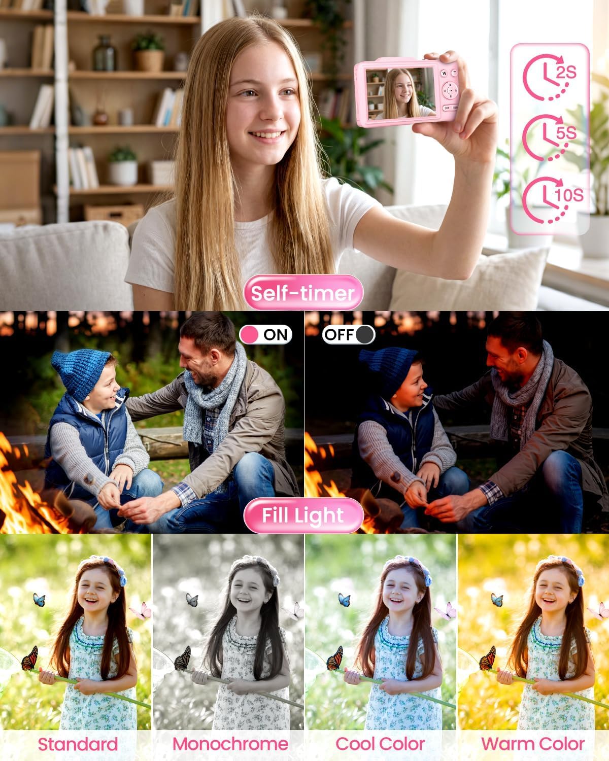 Cámara digital 4K para niños, cámara de vlogging de enfoque automático de 48 MP con tarjeta de 32 GB, zoom de 16X, antivibración, cámara compacta de apuntar y disparar para adolescentes principiantes