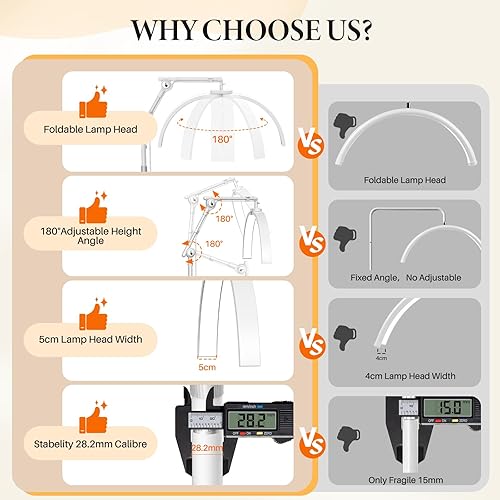 Miniatura 21 de LIONVISON Iluminación de pestañas de media luna: lámpara LED de piso plegable para pestañas - Luz esteticista portátil de 45 W con soporte para Negro