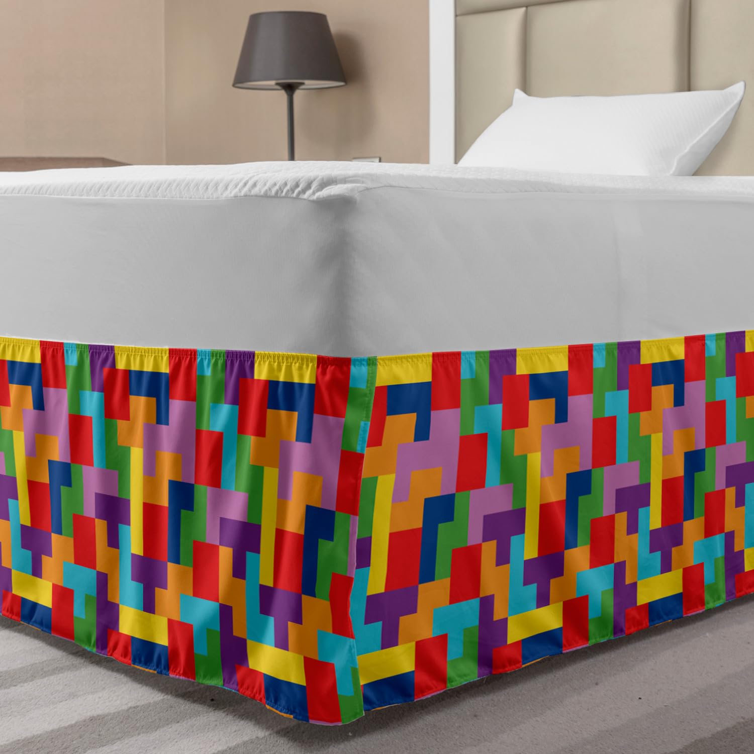 Lunarable Geometric Bedskirt Colorful Brick Pattern Inspirations Abstract Ornamental Arrangement Print Bedroom Decor Wrap Around Elastic Bed Skirt