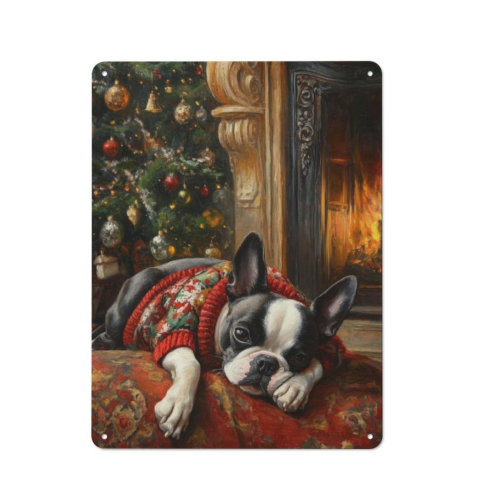 Junmoney Boston Terrier In Sweater By Fireplace Painti Tin Wall Plaque 40X30cm With Ng For Hobby Room Or Studio, For Metal Sign Collectors, For Kitchen And Home Bar Decor