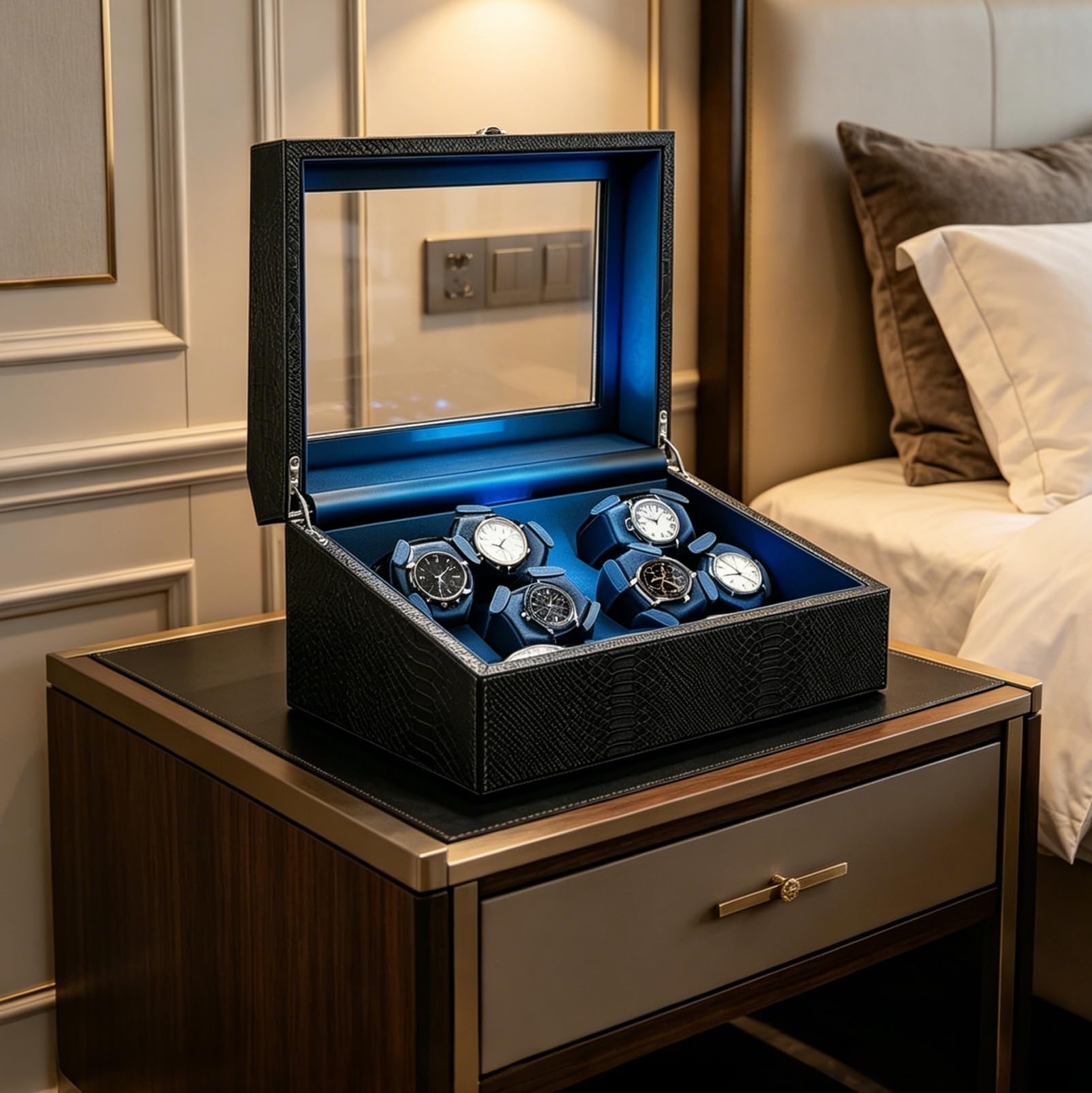 Caricatore automatico per orologi da 6 + 6 orologi, con illuminazione a LED, 4 modalità di rotazione, memory foam antigraffio, motore super silenzioso, cavo di ricarica USB-C