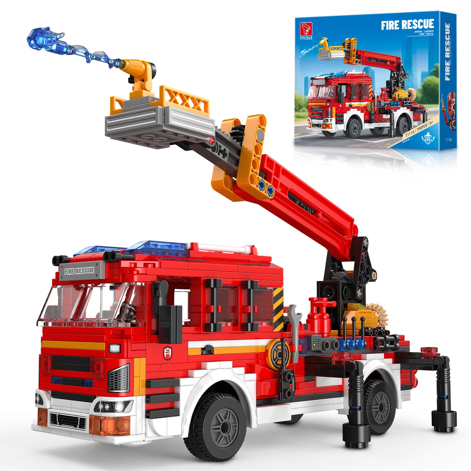 TYCOLE Feuerwehrwagen mit Drehleiter (798 Teile), Technic-Bausteine, STEM-Bausteine, Sammler-Modellbausatz für Einsatzfahrzeuge, Geburtstagsgeschenk für Jungen und Mädchen ab 6 Jahren und Erwachsene
