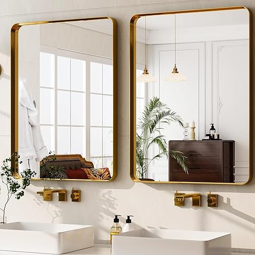Miniatura 5 de GLSLAND Espejo de pared rectangular de 30 x 48 pulgadas para baño, marco de aleación de aluminio dorado, espejo rectangular para decoración de
